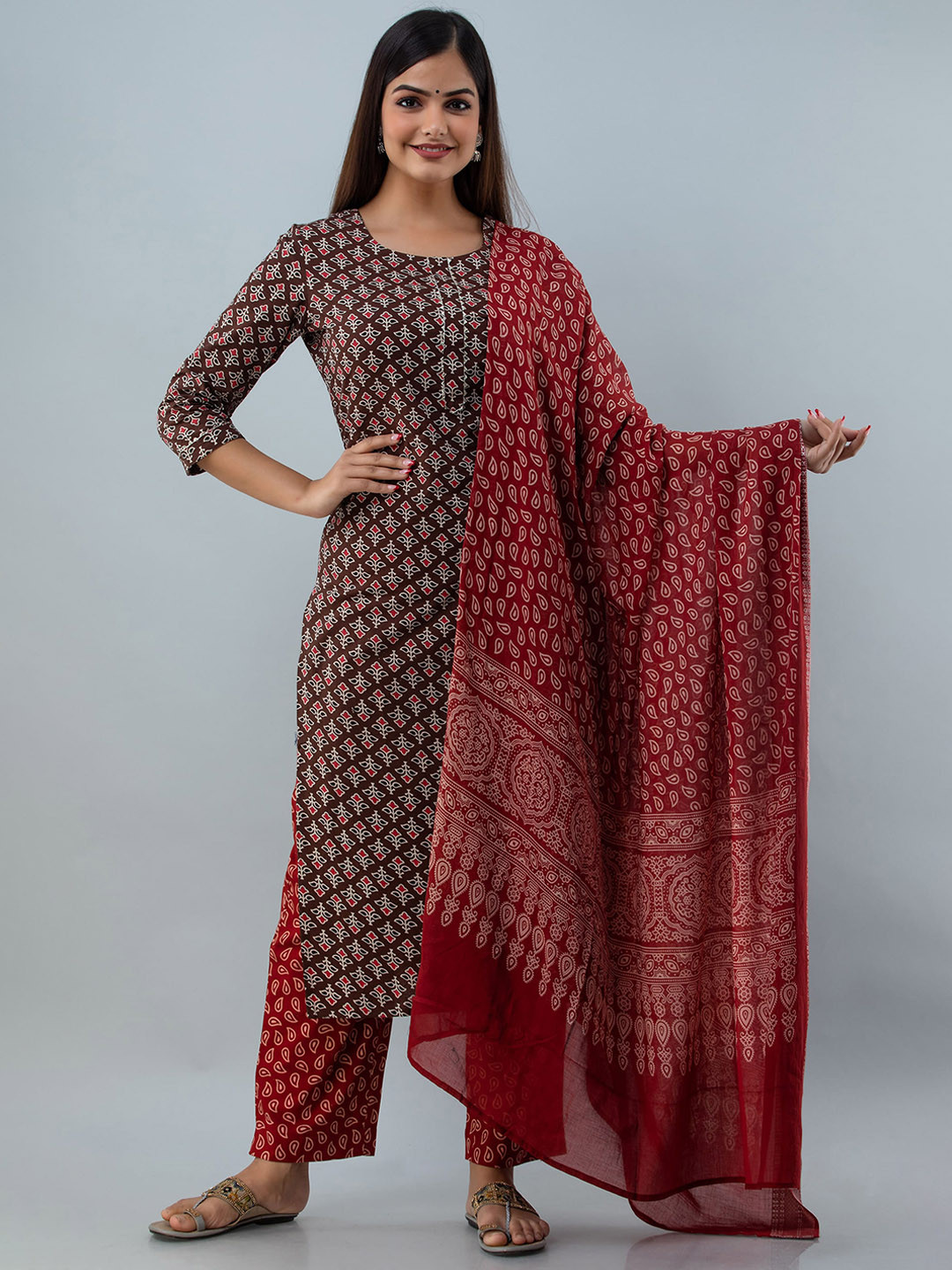 KIMAYRA Women Brown & Marron Printed Gotta Patti Pure Cotton Kurta With Trousers & Dupatta