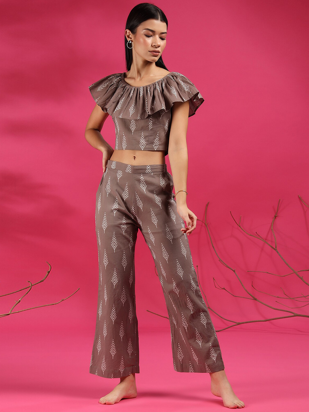 JISORA Women Brown & Grey Printed Pure Cotton Crop Top & Trouser Co-Ord Set
