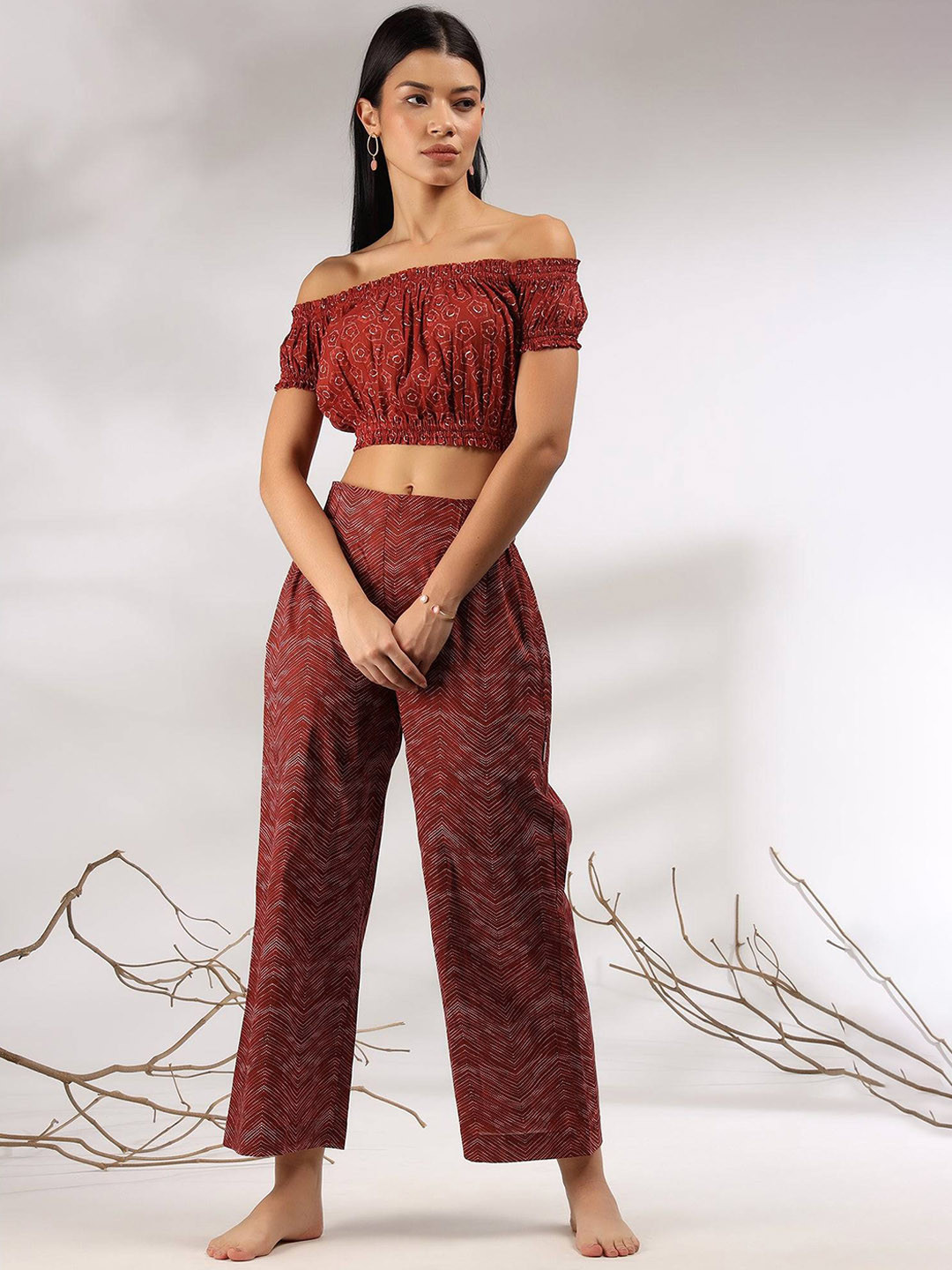 JISORA Women Maroon Printed Organic Cotton Co-Ord Set