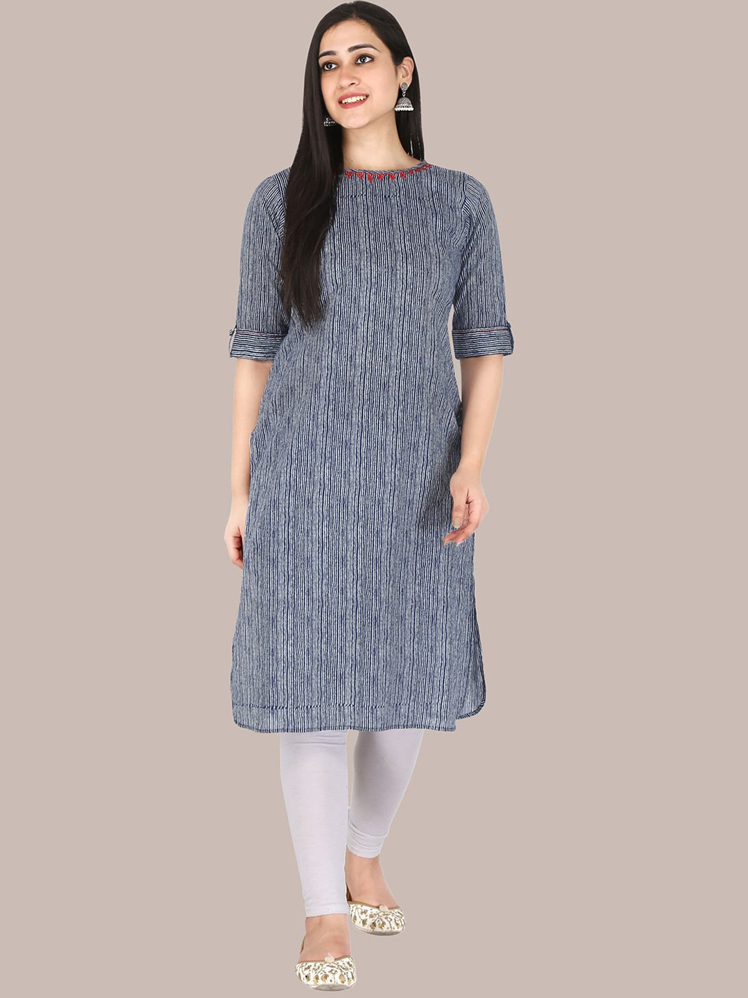KANNAHI Striped Boat Neck A-Line Regular Cotton Kurta