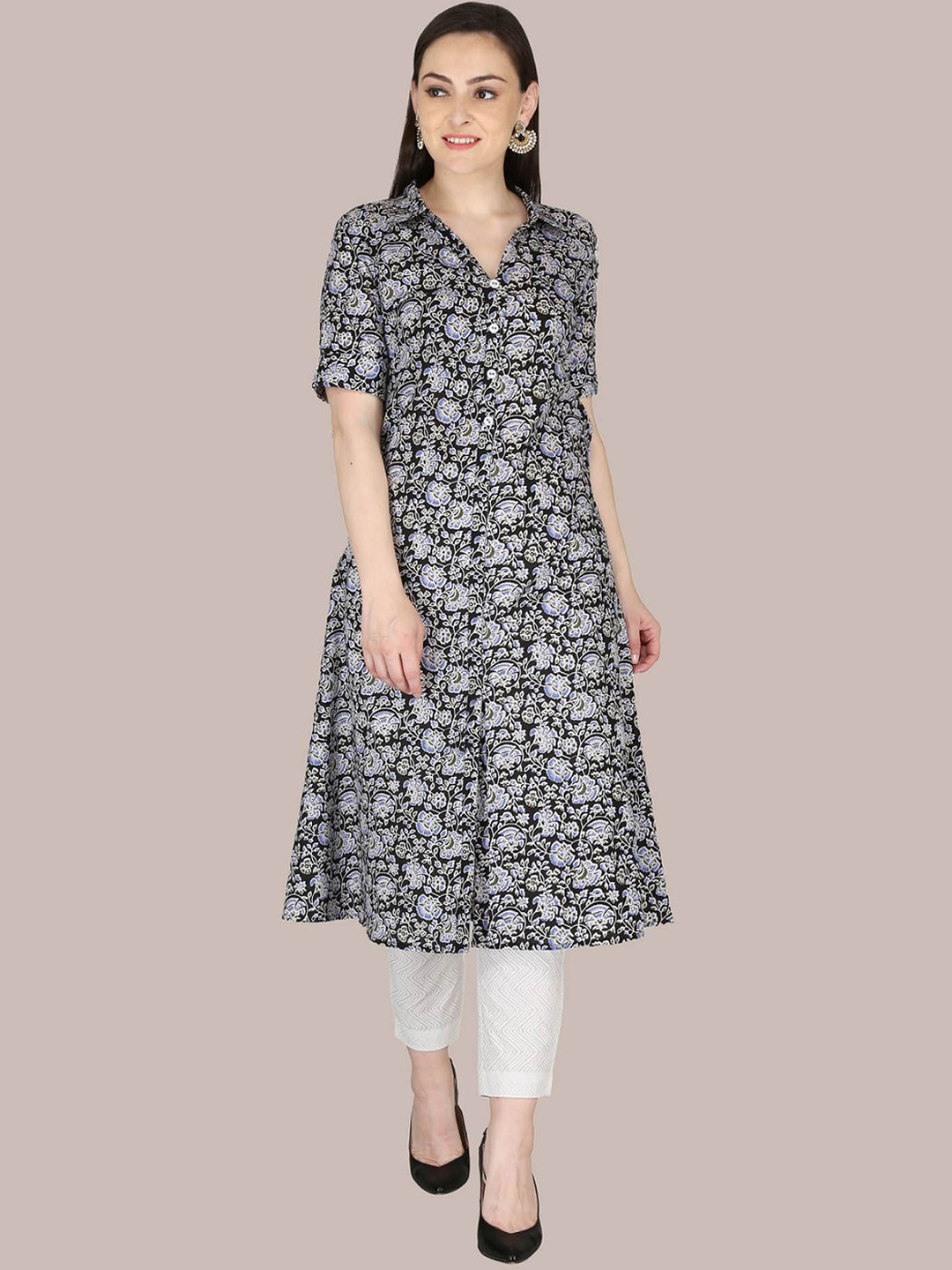 KANNAHI Regular Floral Printed A-line Cotton Kurta