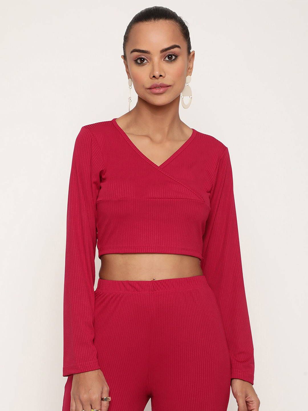 Sugathari Women Magenta Ribbed Crop Top