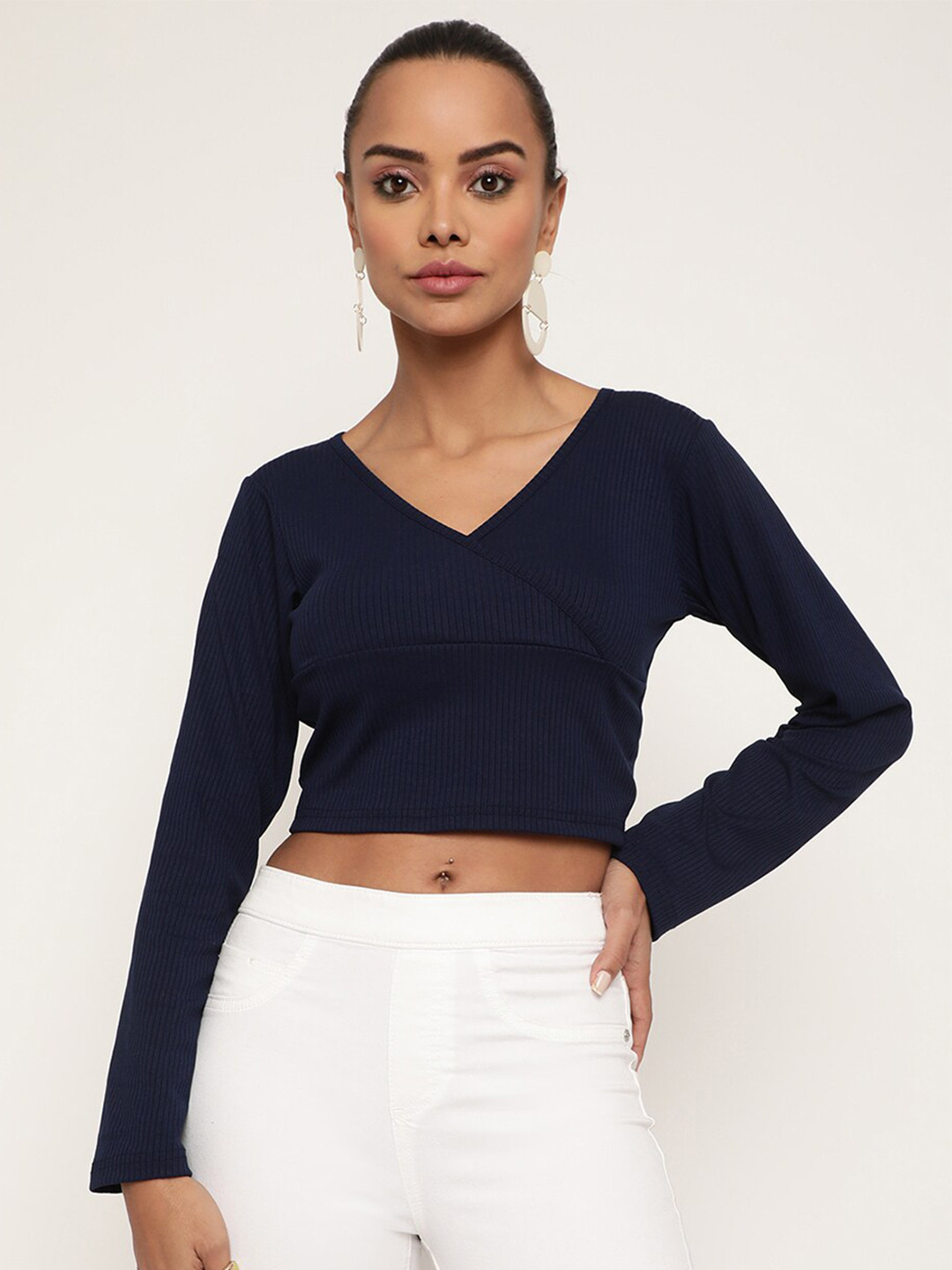Sugathari Women Navy Blue Ribbed Crop Top