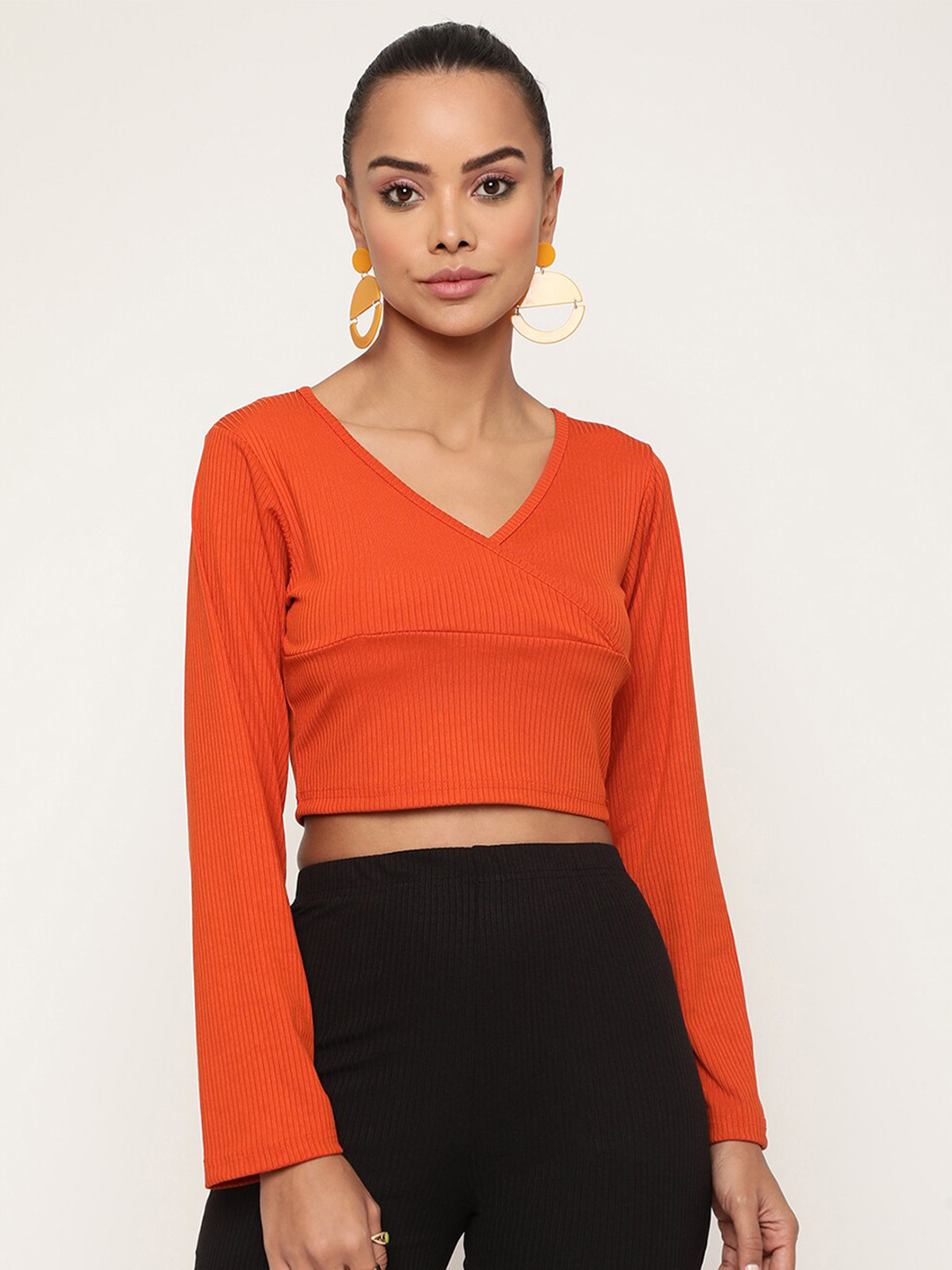 Sugathari Women Orange Ribbed Crop Top