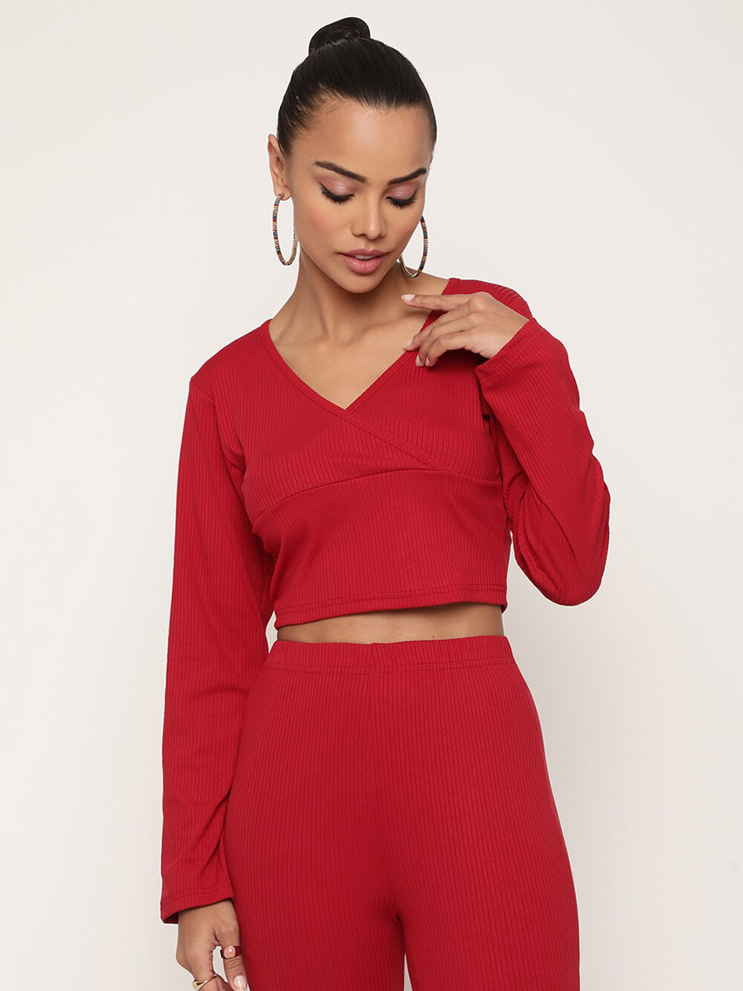 Sugathari Women Maroon Ribbed Crop Top