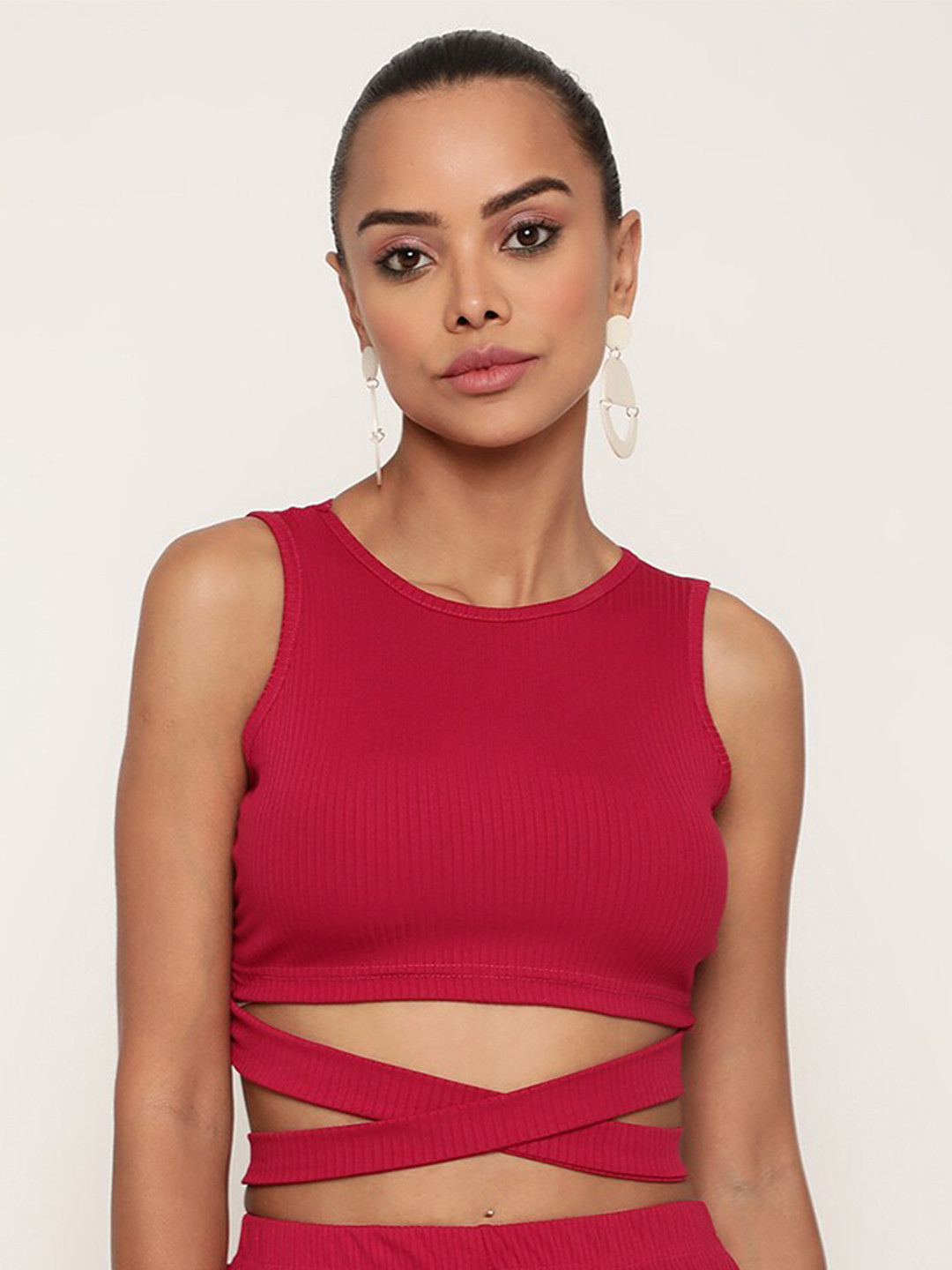 Sugathari Women Magenta Ribbed Tank Crop Top
