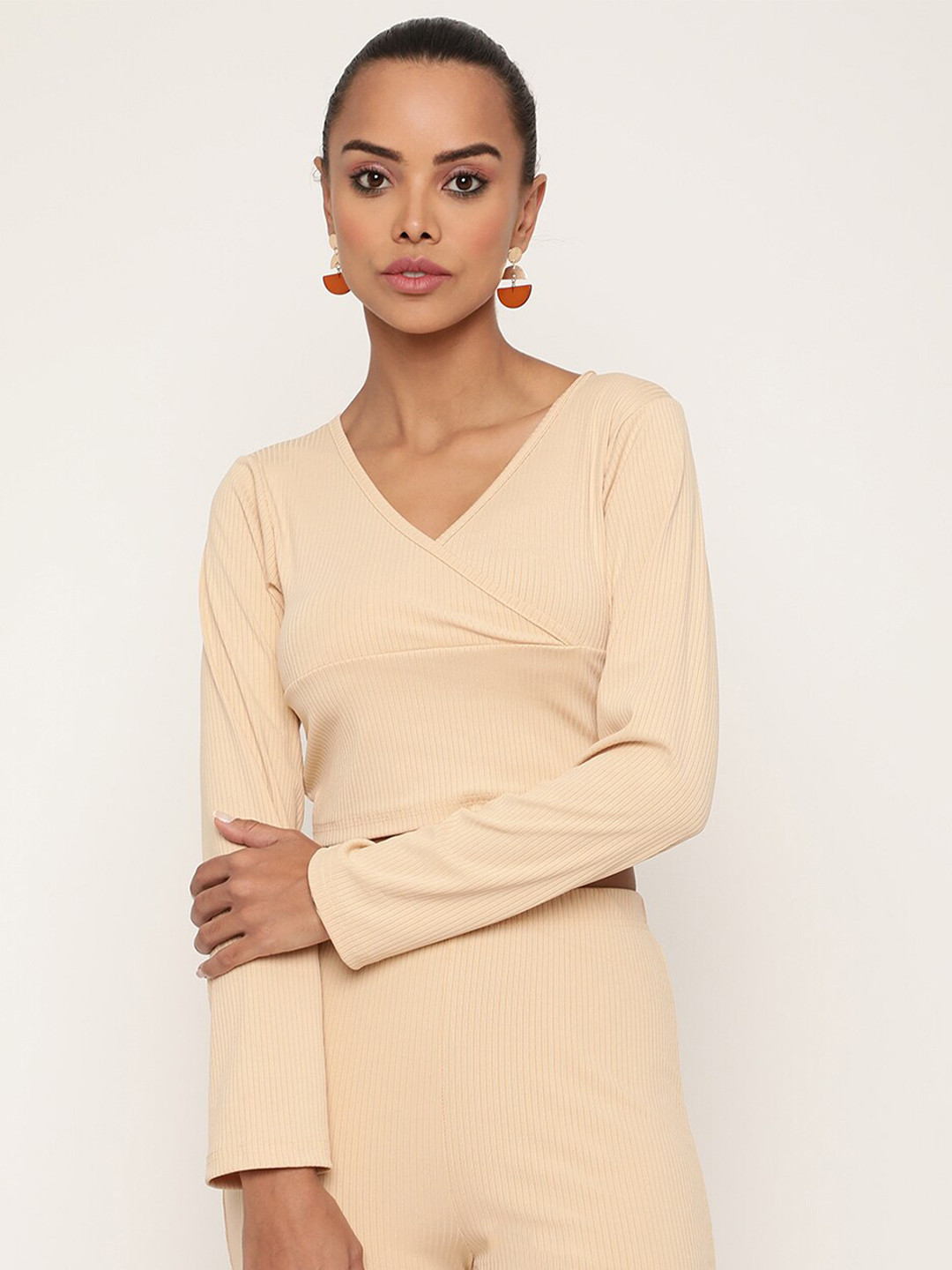 Sugathari Women Nude-Coloured Ribbed Crop Top