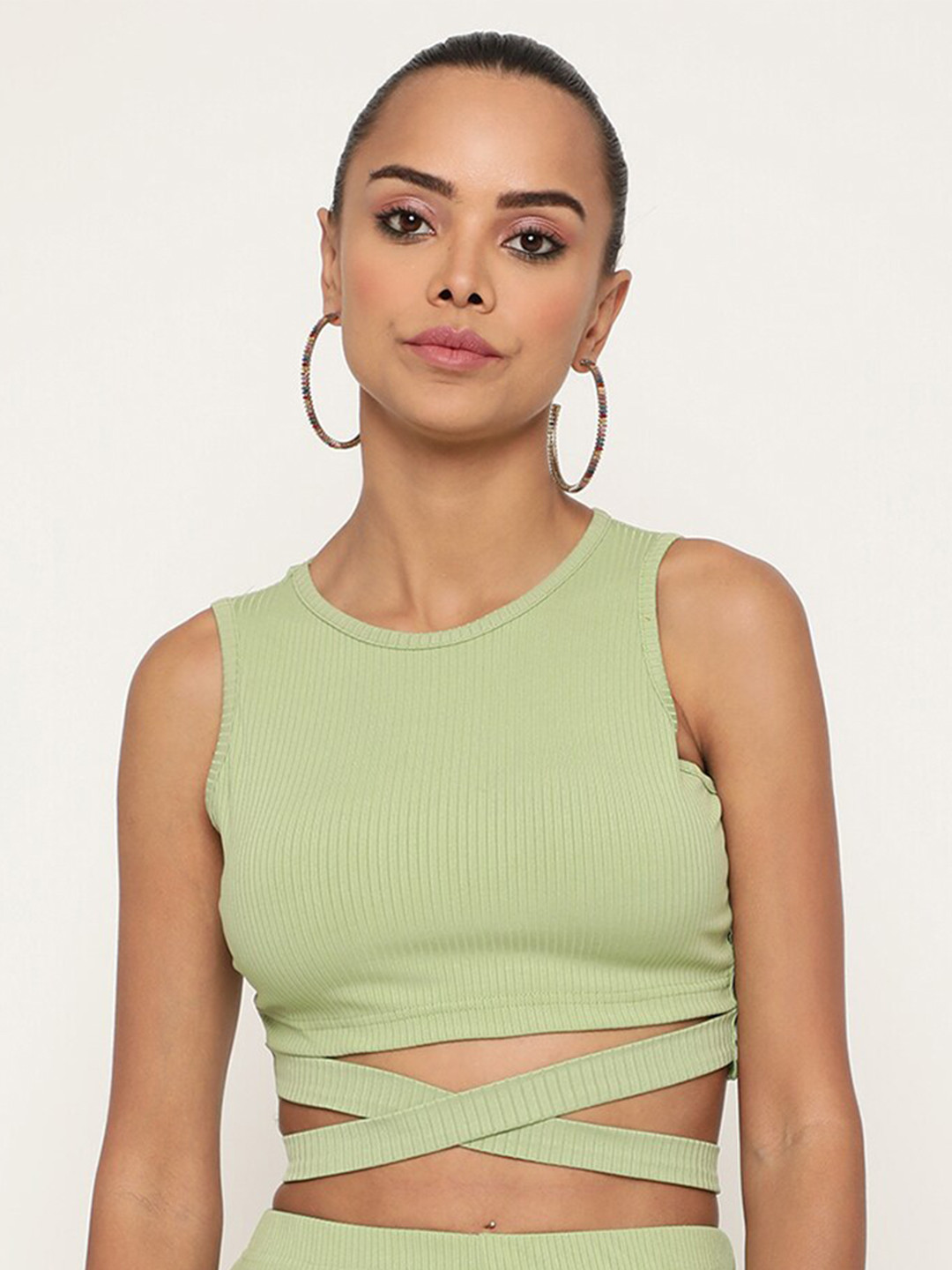 Sugathari Women Green Ribbed Tank Crop Top