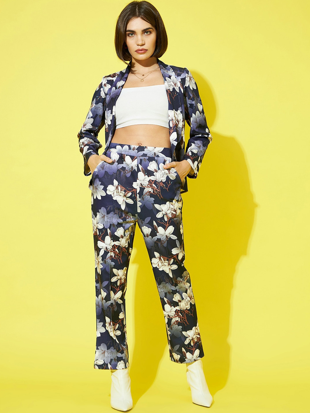 Athena Women Navy Blue & Purple Floral Printed Long Sleeves Co-Ords