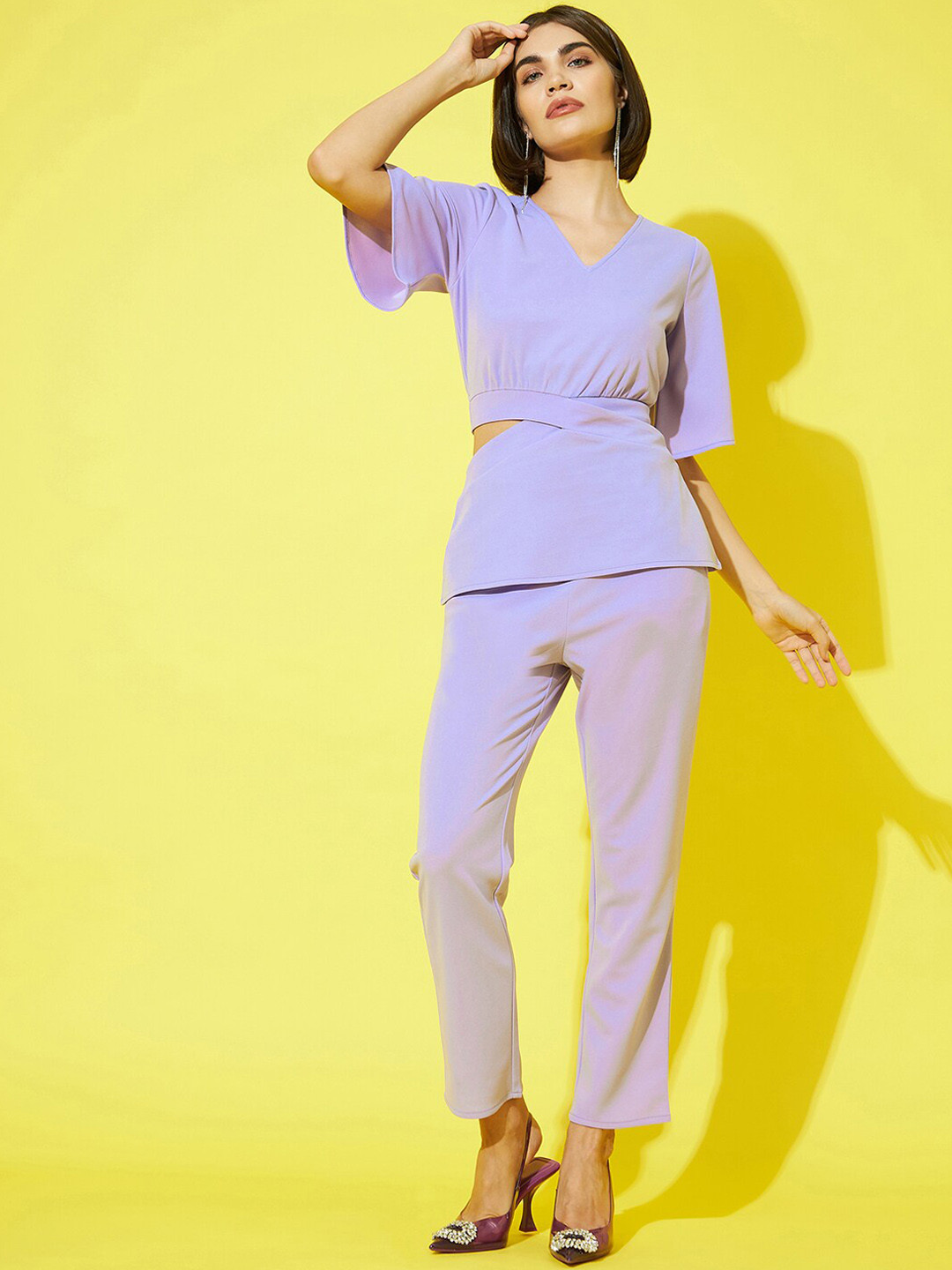 Athena Women Lavender Solid V-Neck Top and Trousers