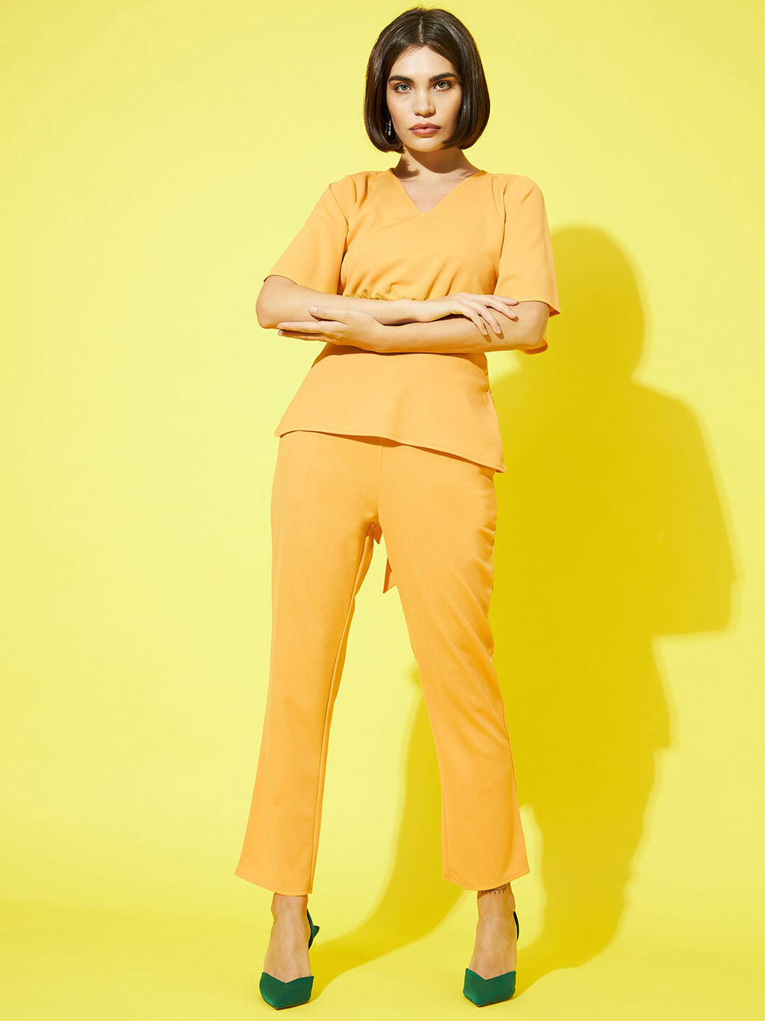 Athena Women Mustard Yellow Solid V-Neck Top and Trousers