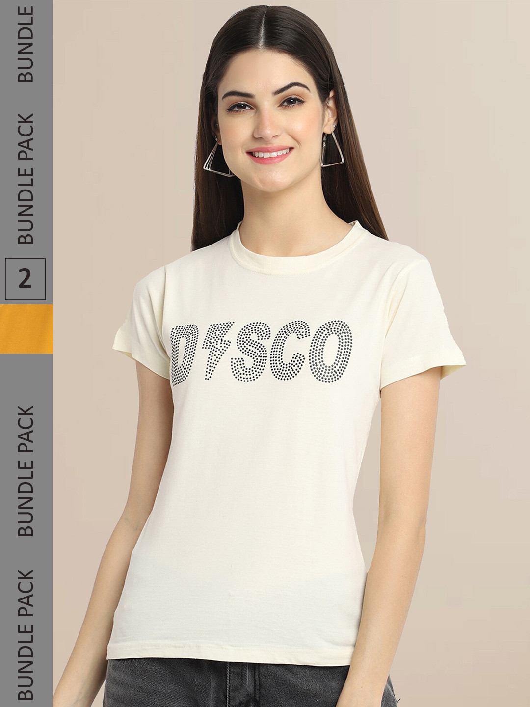 Fabflee Women Off-White & Mustard Typography Printed Pack of 2 Cotton T-shirt