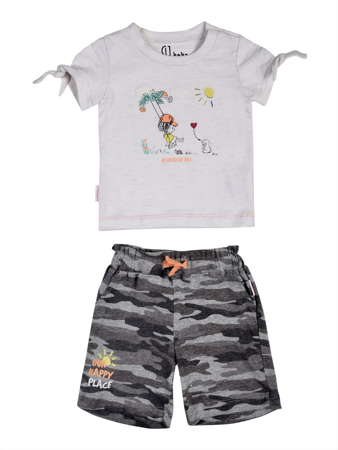 Gini and Jony Girls White & Grey Printed T-shirt with Short