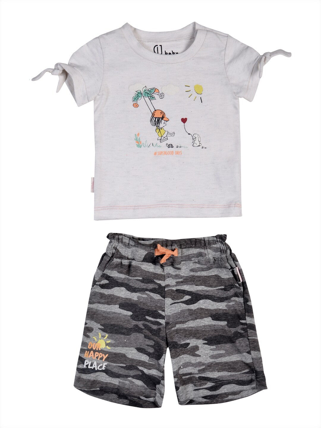 Gini and Jony Girls White & Grey Printed Top with Short