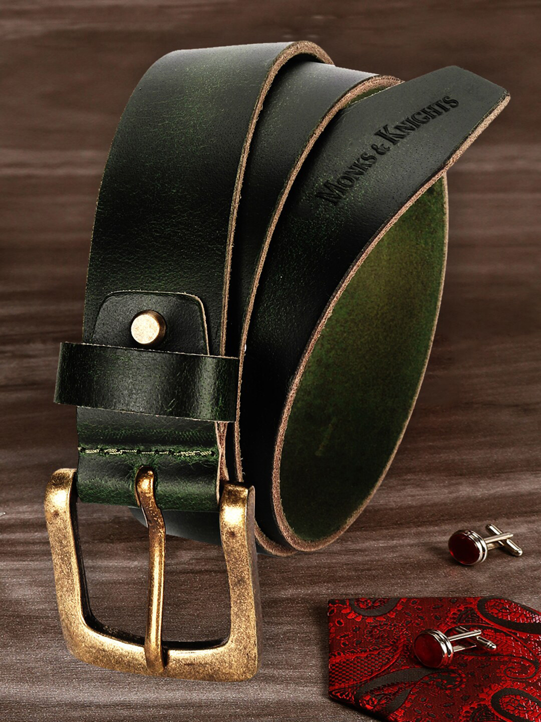 MONKS & KNIGHTS Men Green Leather Belt