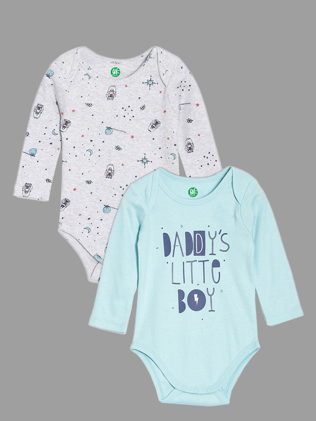 YK Organic Infant Boys Pack of 2 Grey and Mint Green Printed Organic Cotton Bodysuits