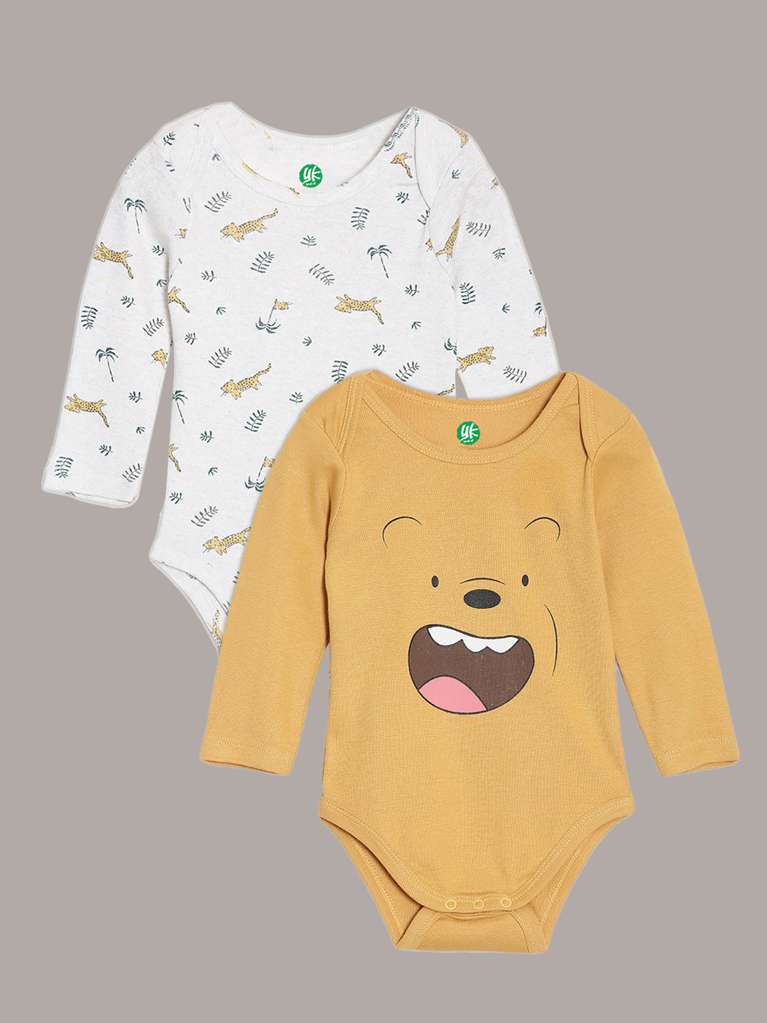 YK Organic Infant Boys Pack of 2 White & Mustard Printed Organic Cotton Bodysuits
