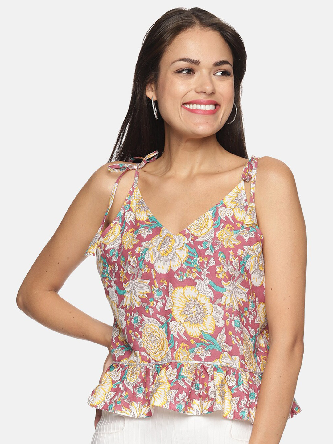 DIVINATION Women Pink & Off White Floral Print Top