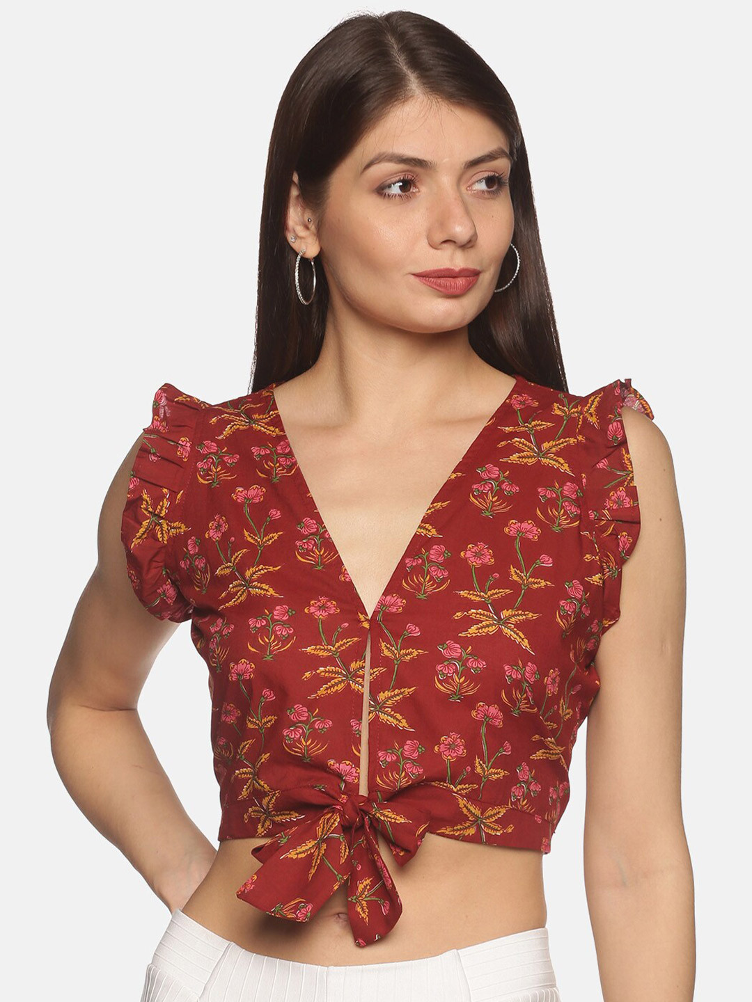 DIVINATION Women Maroon Floral Print Pure Cotton Crop Top