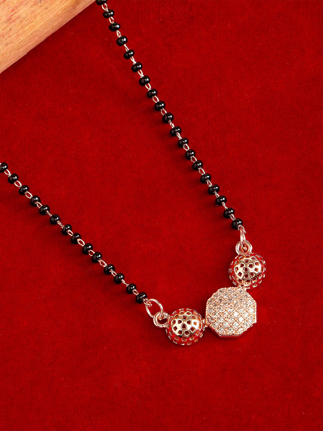 ZINU Women White CZ-Studded & Black Beaded Rose Gold Plated Mangalsutra