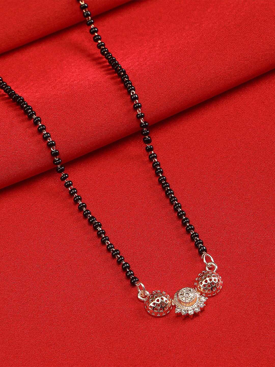 ZINU Women White & Black CZ Studded & Beaded Rose Gold Plated Mangalsutra