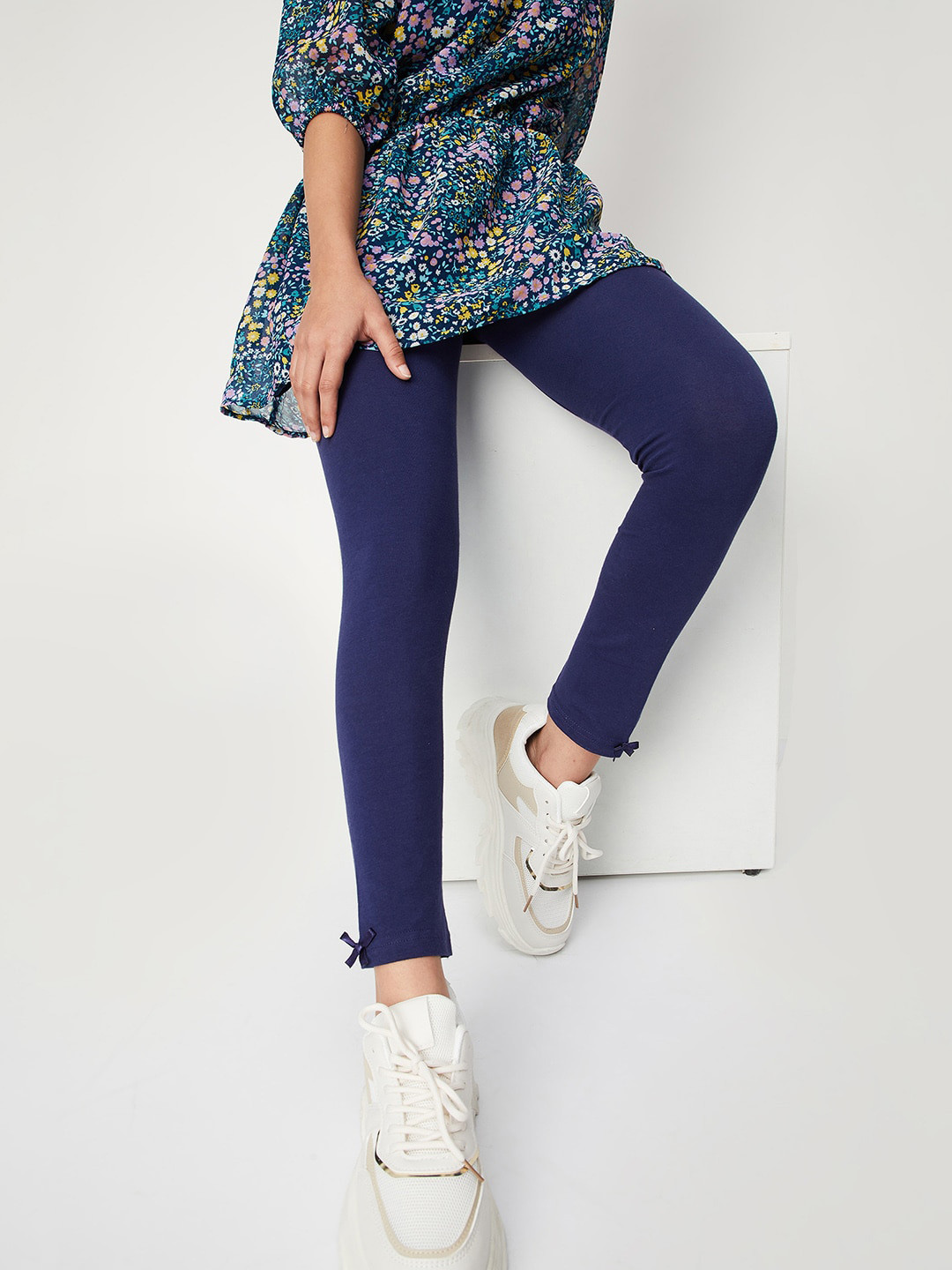 max Girls Navy Blue Solid Leggings