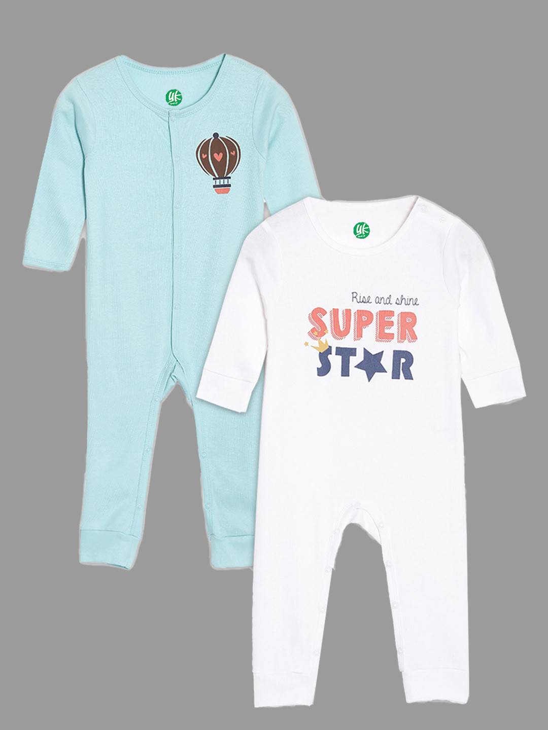 YK Organic Boys Pack Of 2 Green and White Super Star Printed Organic Cotton Sleepsuits
