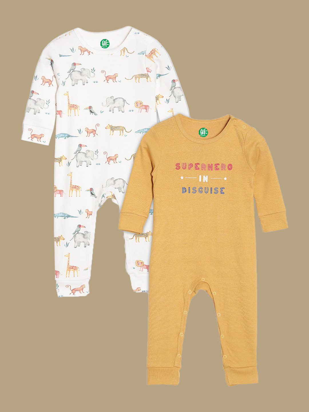 YK Organic Boys Pack Of 2 White & Mustard Yellow Animal Prints Organic Cotton Sleep Suits
