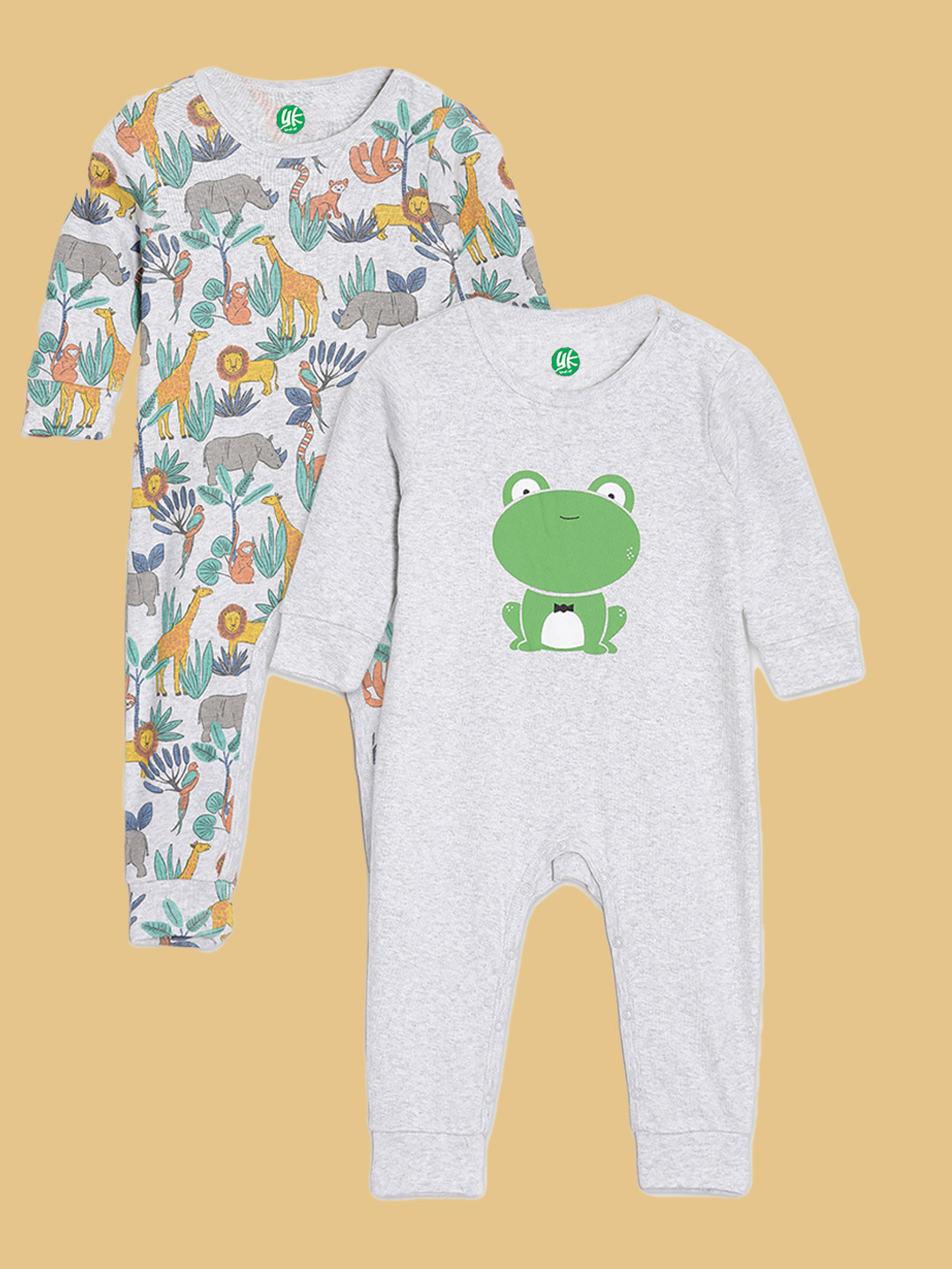 YK Organic Boys Pack Of 2 Grey Animal Prints Organic Cotton Sleepsuits