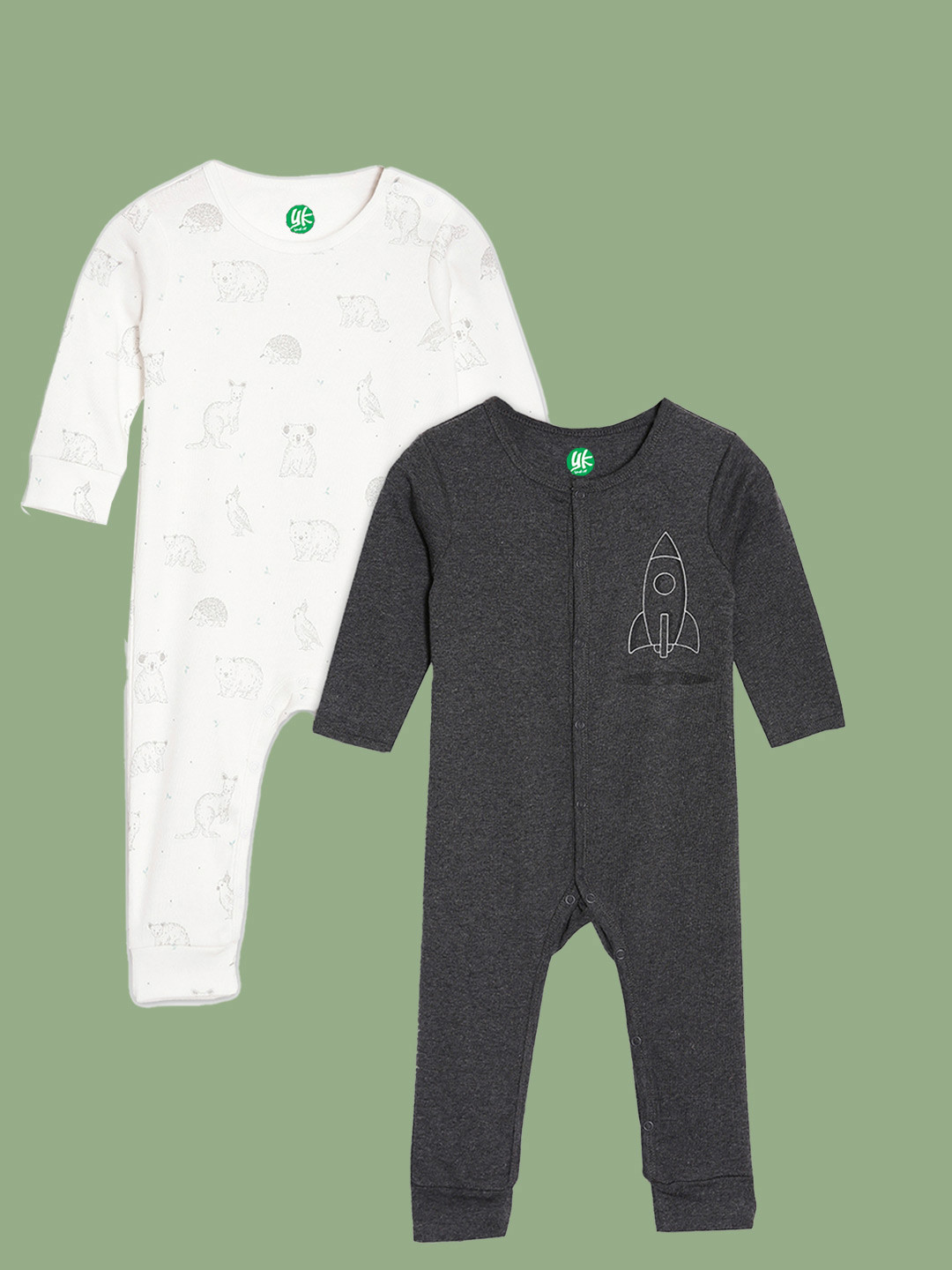 YK Organic Boys White and Black Graphic Printed Organic Cotton Sleepsuits