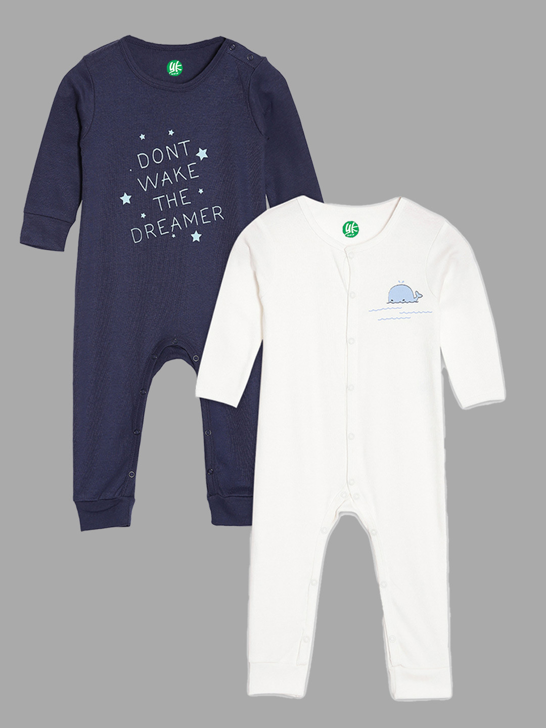 YK Organic Infant Boys Pack of 2 Navy Blue and Off White Organic Cotton Rompers