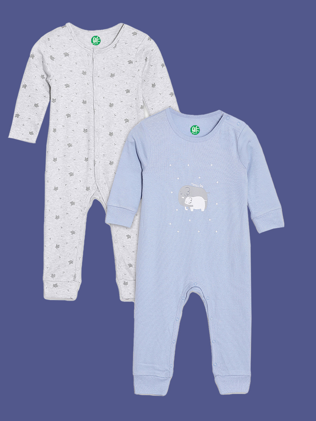 YK Organic Infant Boys Pack of 2 Grey and Blue Printed Organic Cotton Rompers