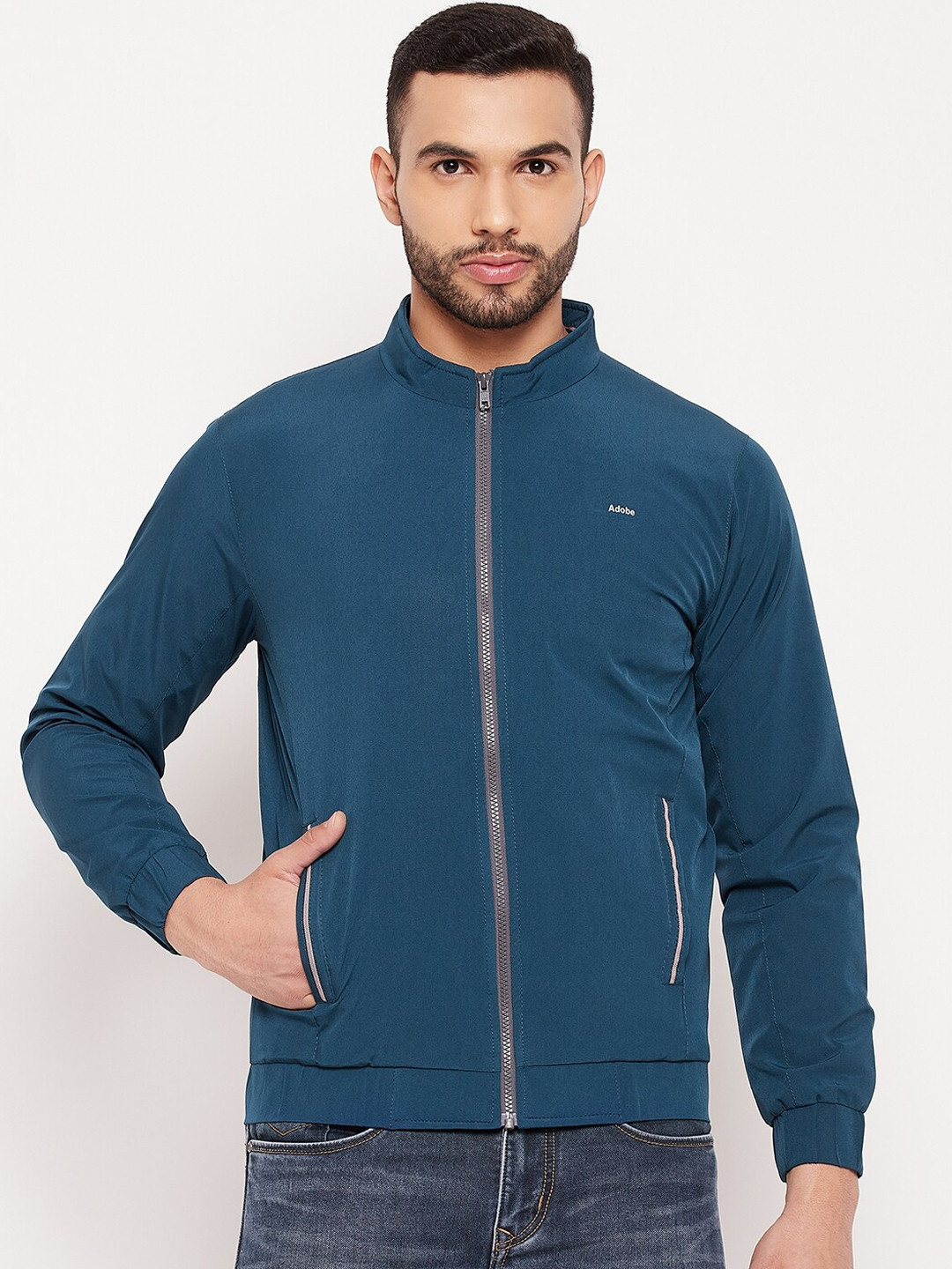 Adobe Men Blue Brand Logo Lightweight Bomber Jacket