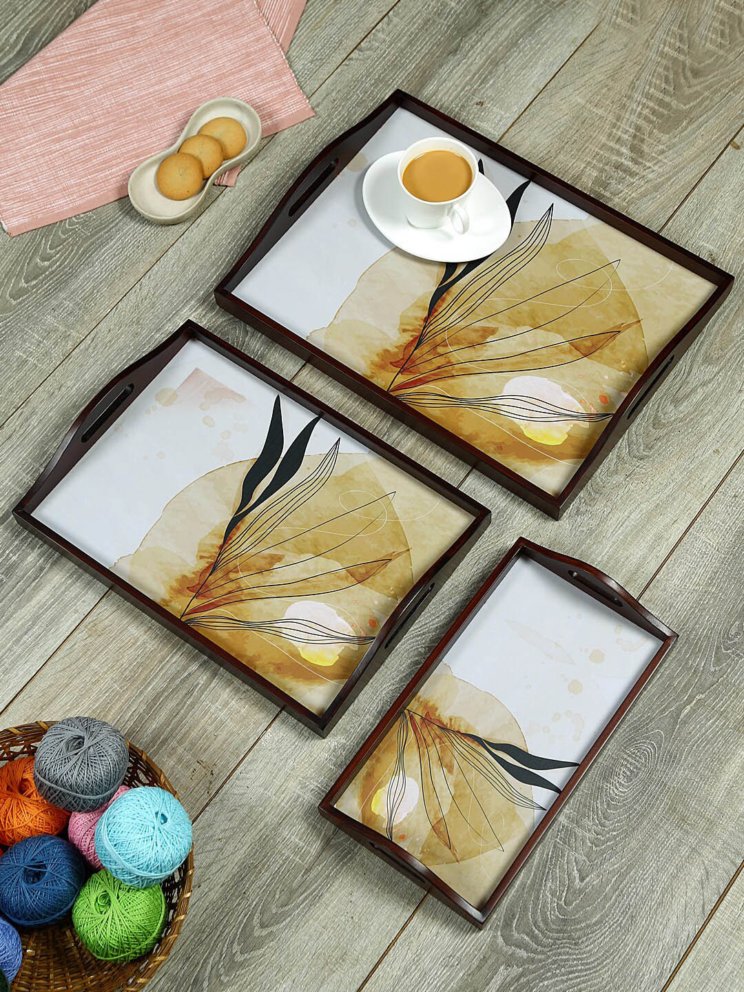 Reinvention Factory Set Of 3 Printed Teak Wood Serving Trays