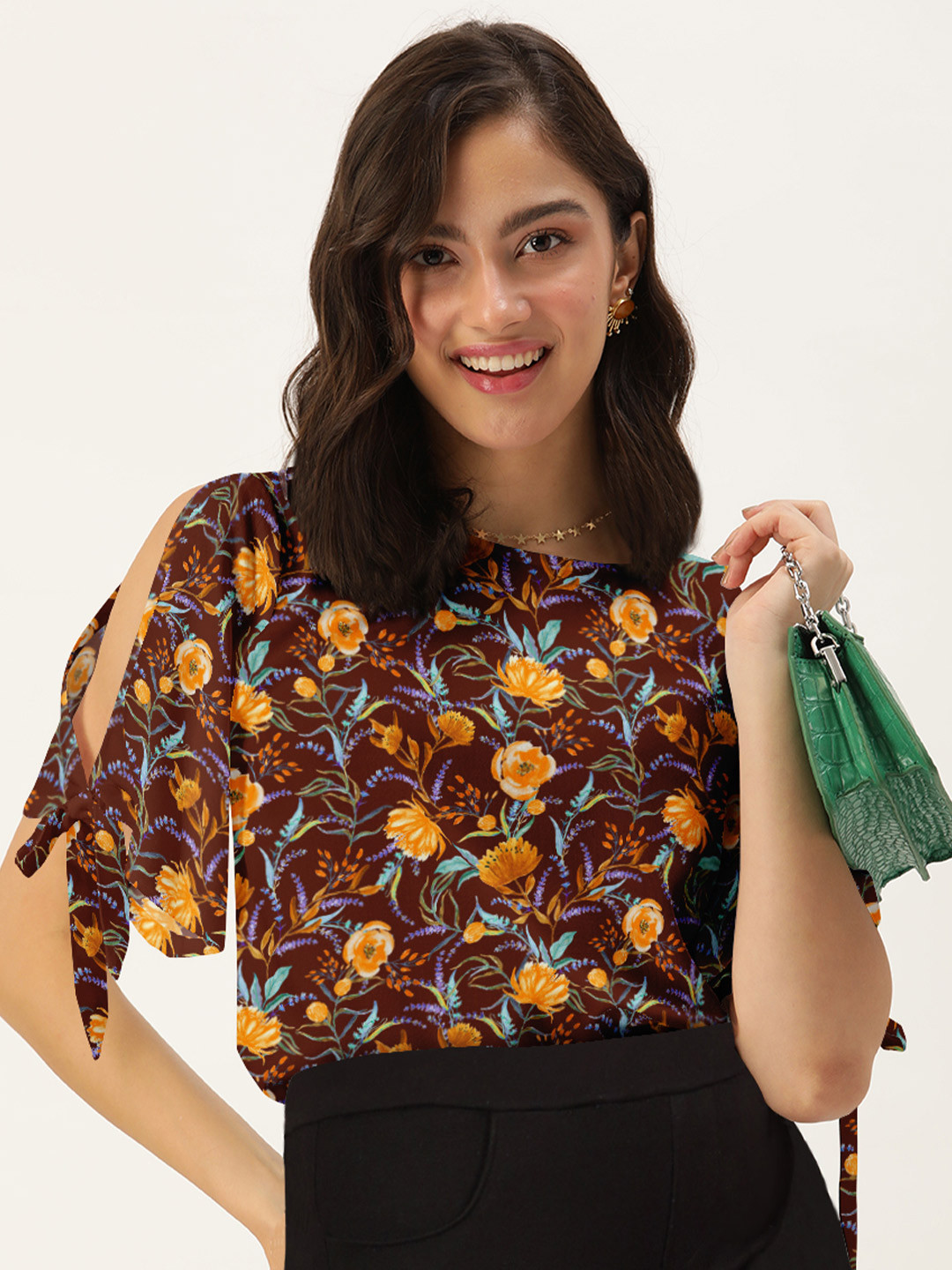 DressBerry Brown Floral Print Blouson Top