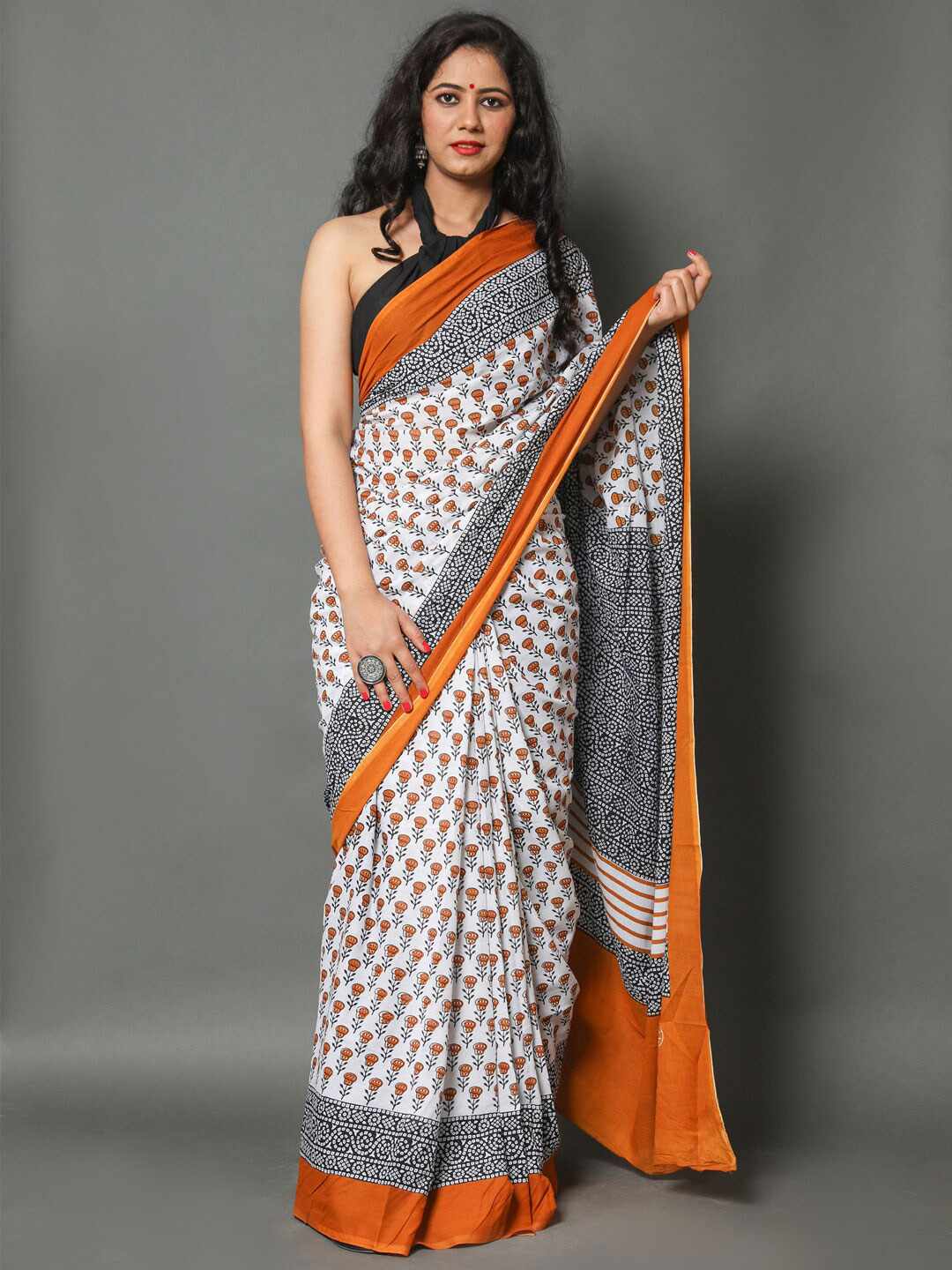 BUTA BUTI White & Mustard Yellow Floral Printed Pure Cotton Saree