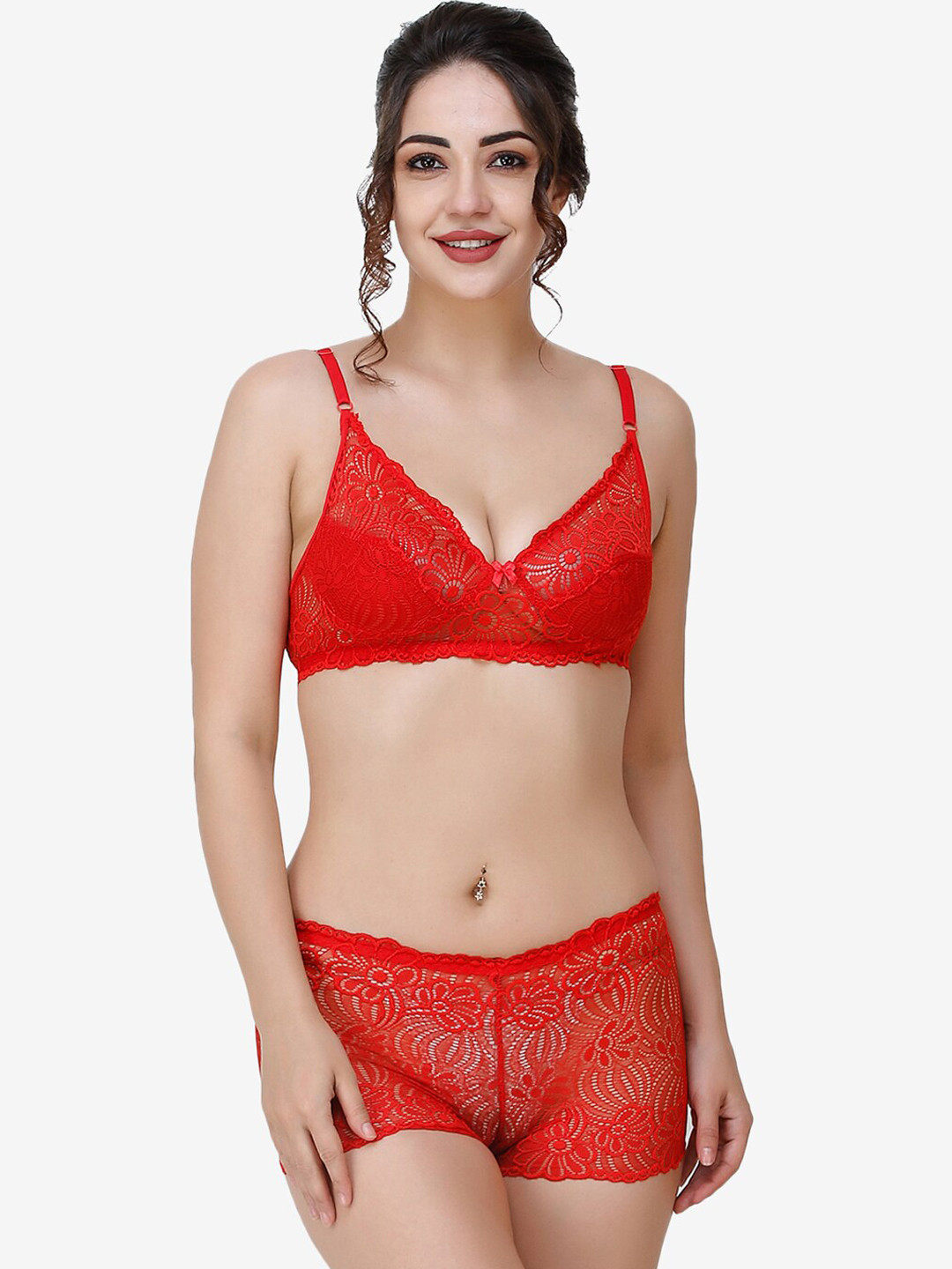 Docare Women Red Self Design Lace Cotton Lingerie Set