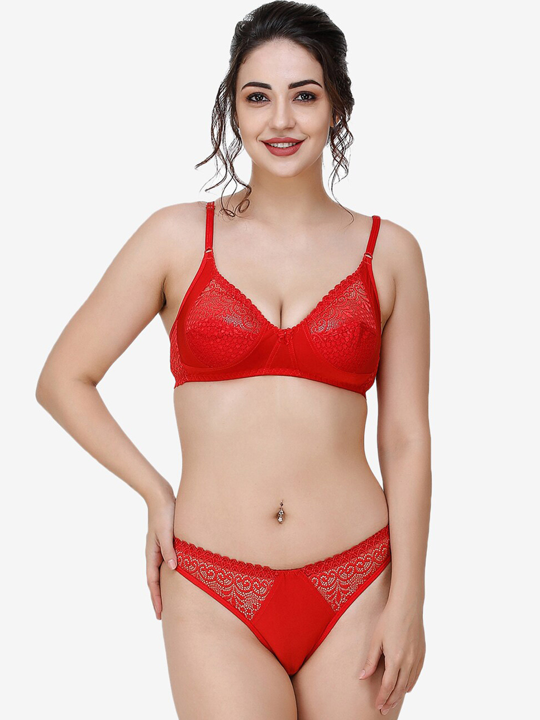 Docare Women Red Self-Design Non Padded Cotton Lingerie Set