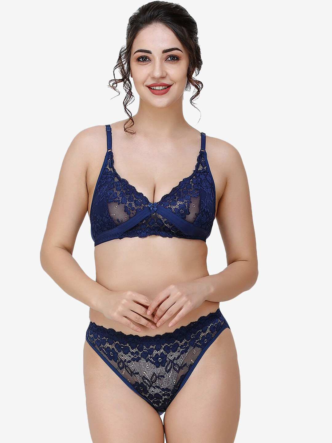 Docare Women Navy Blue Self-Design Non Padded Cotton Lingerie Set