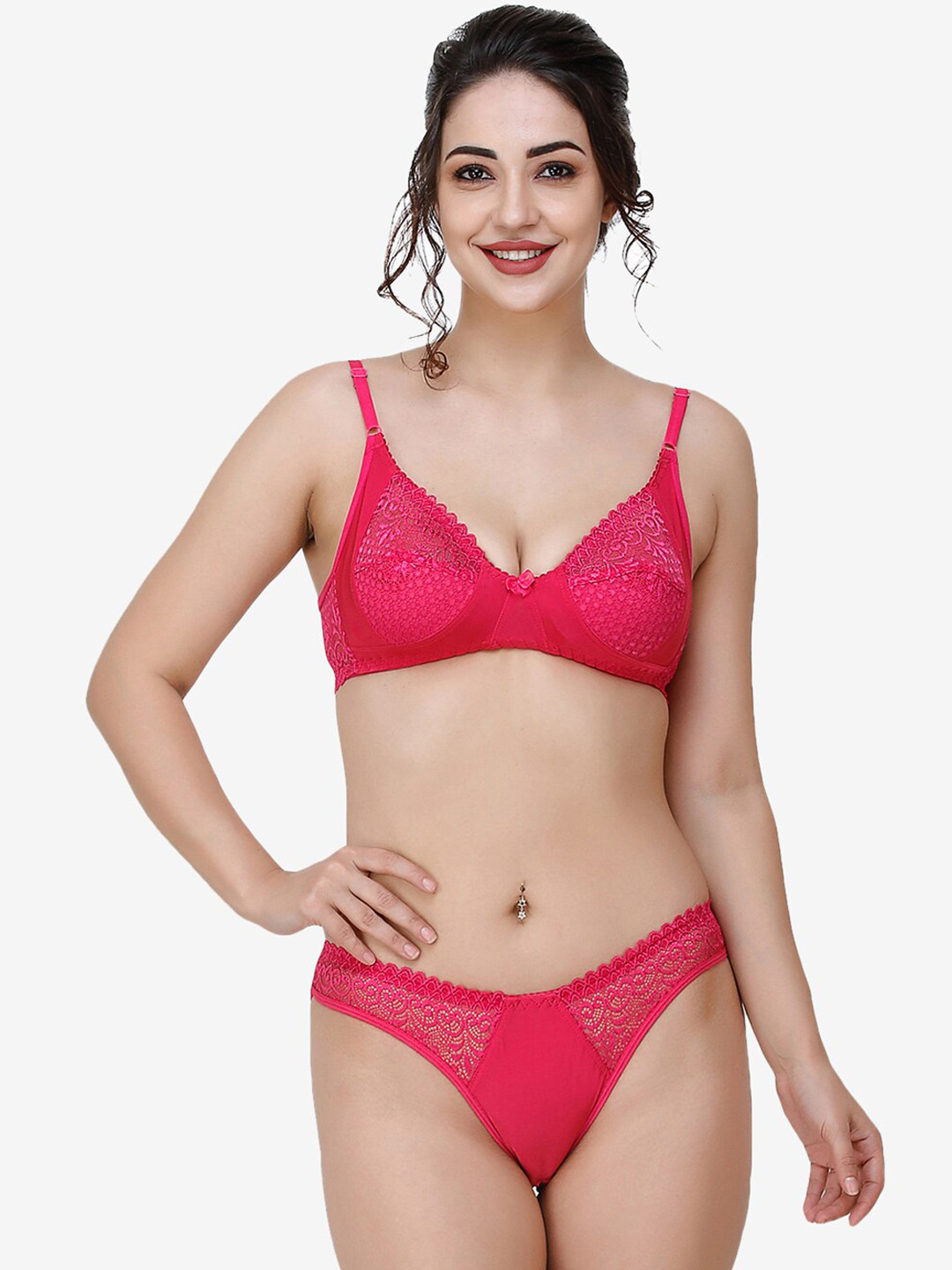 Docare Women Pink Self-Design Non Padded Cotton Lingerie Set