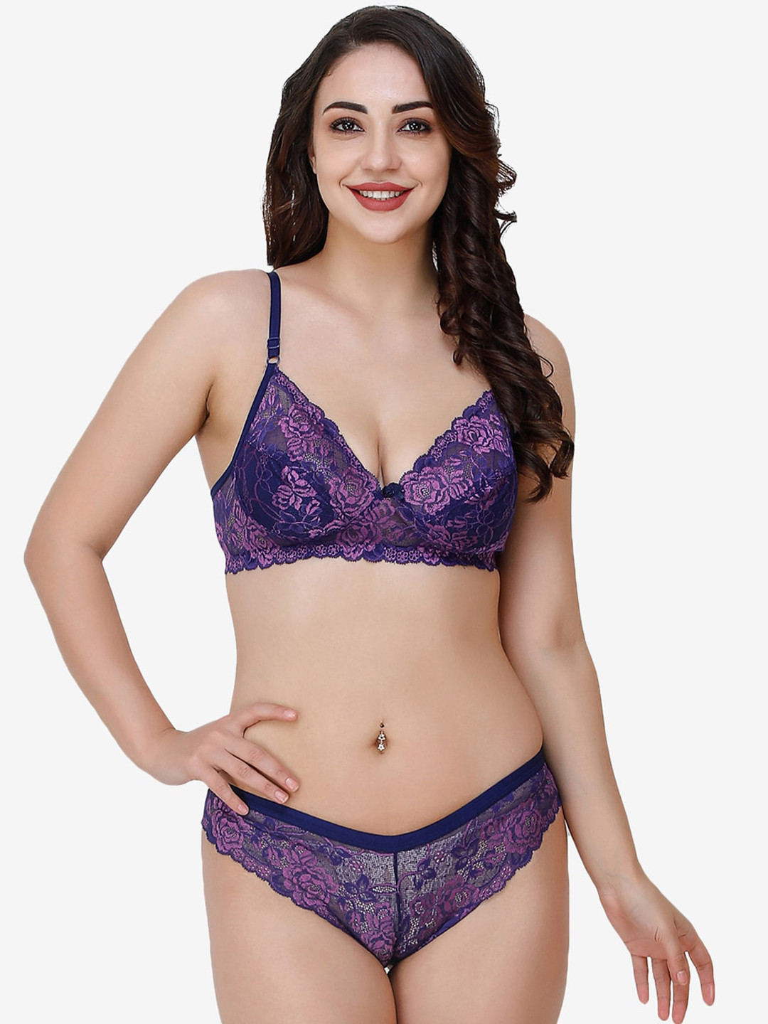 Docare Women Blue Self-Design Non Padded Cotton Lingerie Set