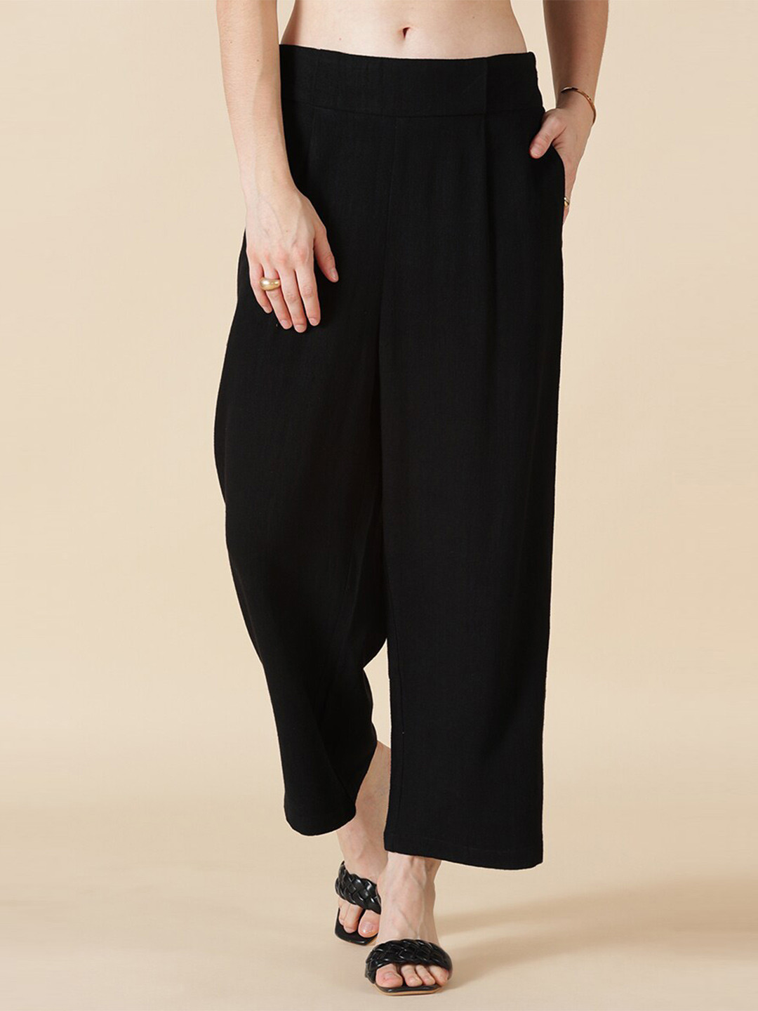 Gipsy Women Black Cotton Straight Fit High-Rise Trousers
