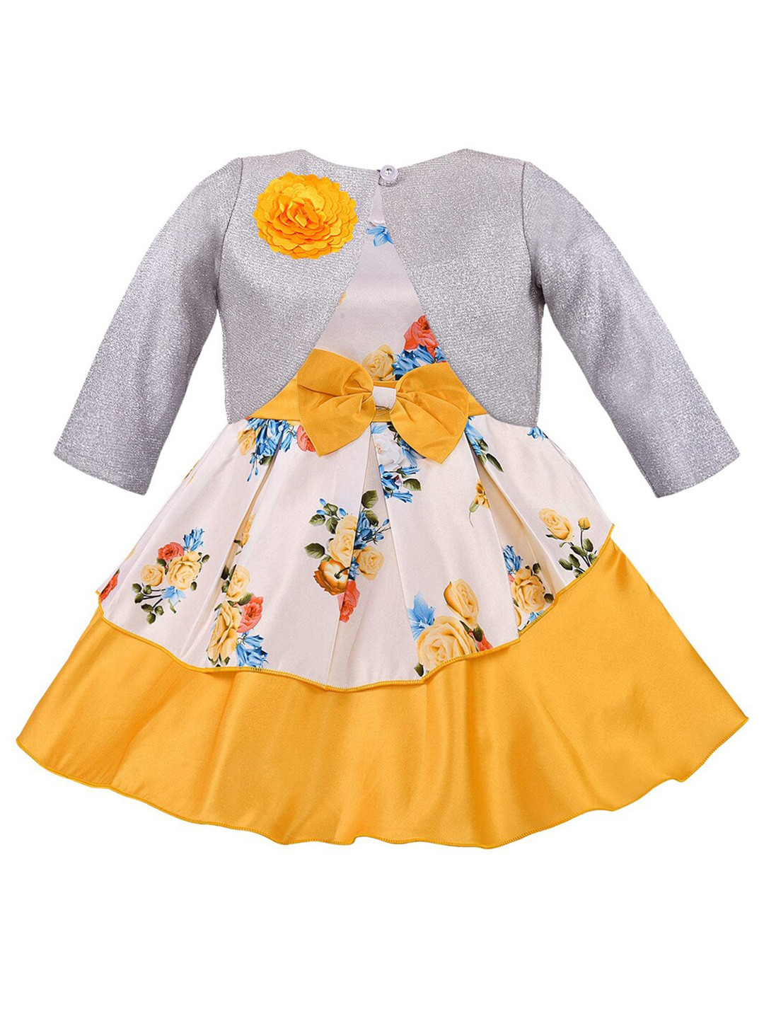 Wish Karo Girls White & Yellow Floral Print Fit & Flare Dress With Jacket