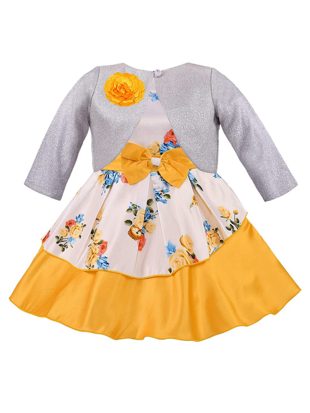 Wish Karo Girls White & Yellow Floral Print Fit & Flare Dress With Jacket