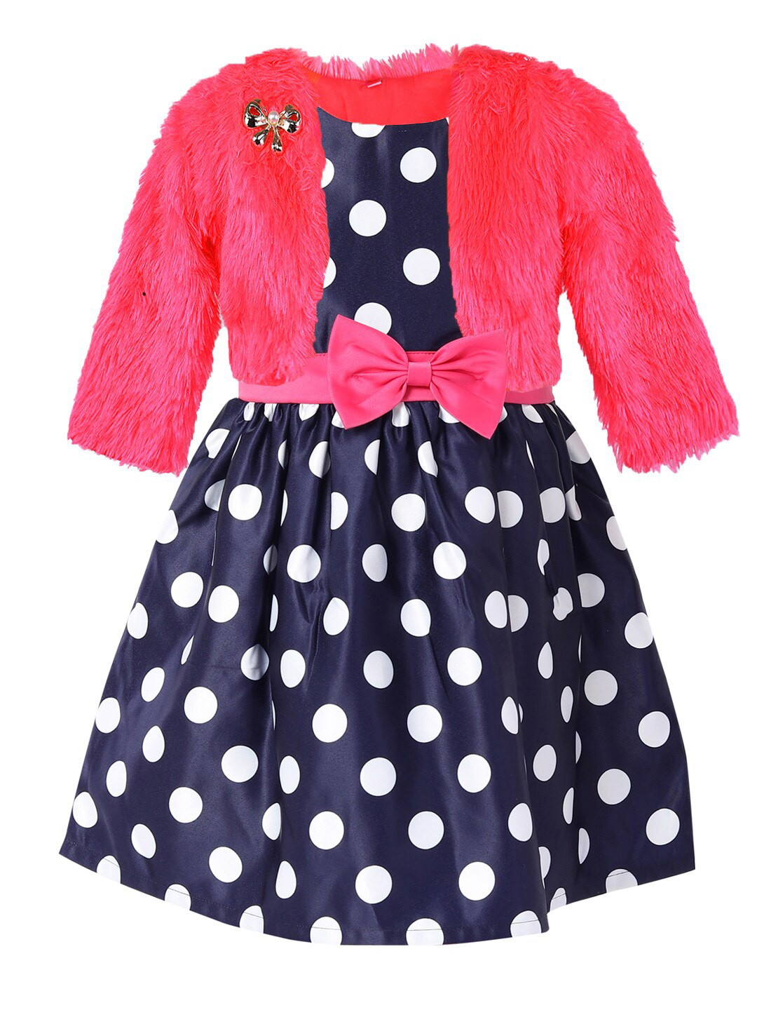 Wish Karo Girls Pink & Blue Polka Dots Satin Dress  With Jacket