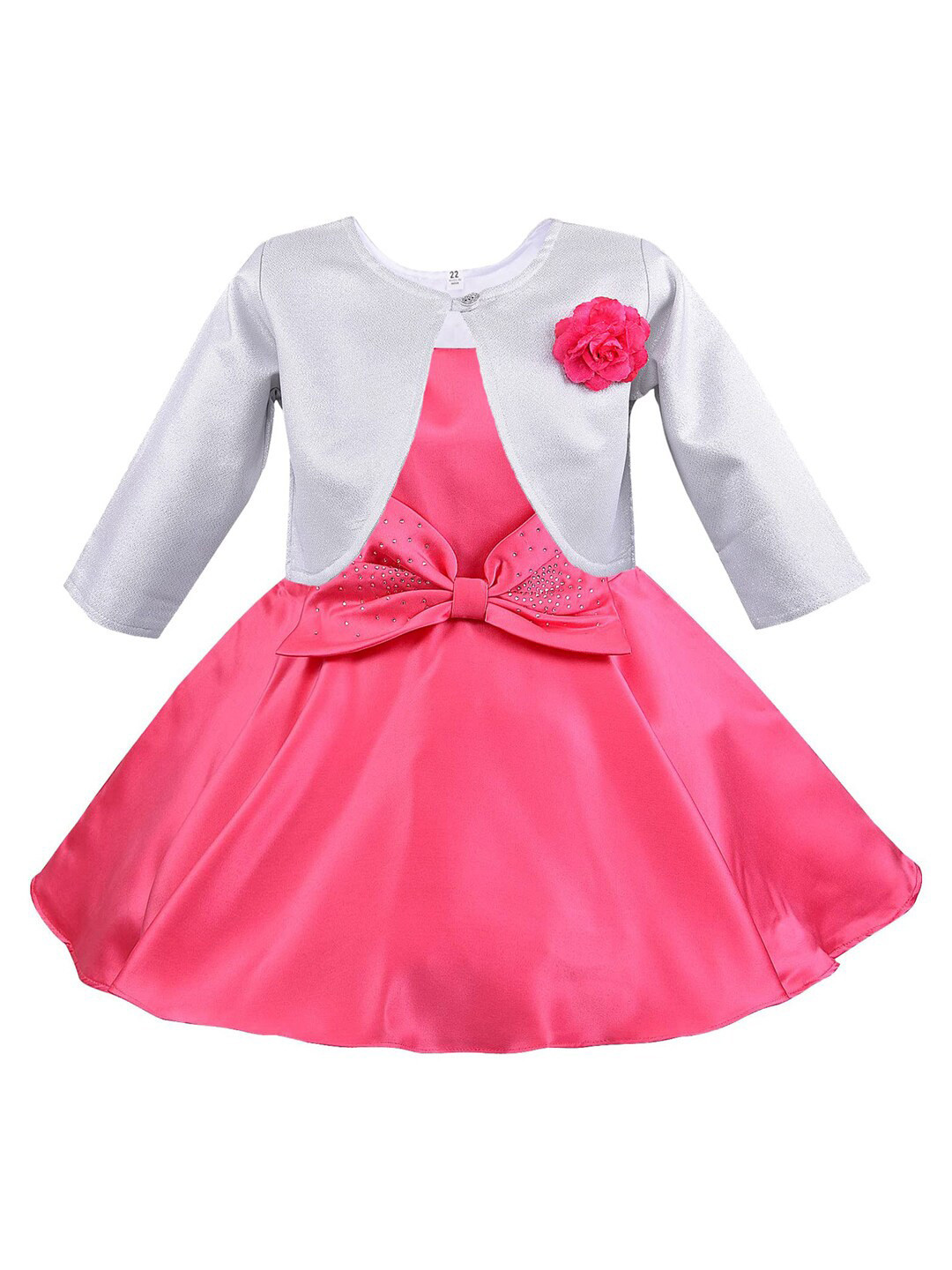 Wish Karo Girls Pink & Grey Self Design Satin Dress With Jacket