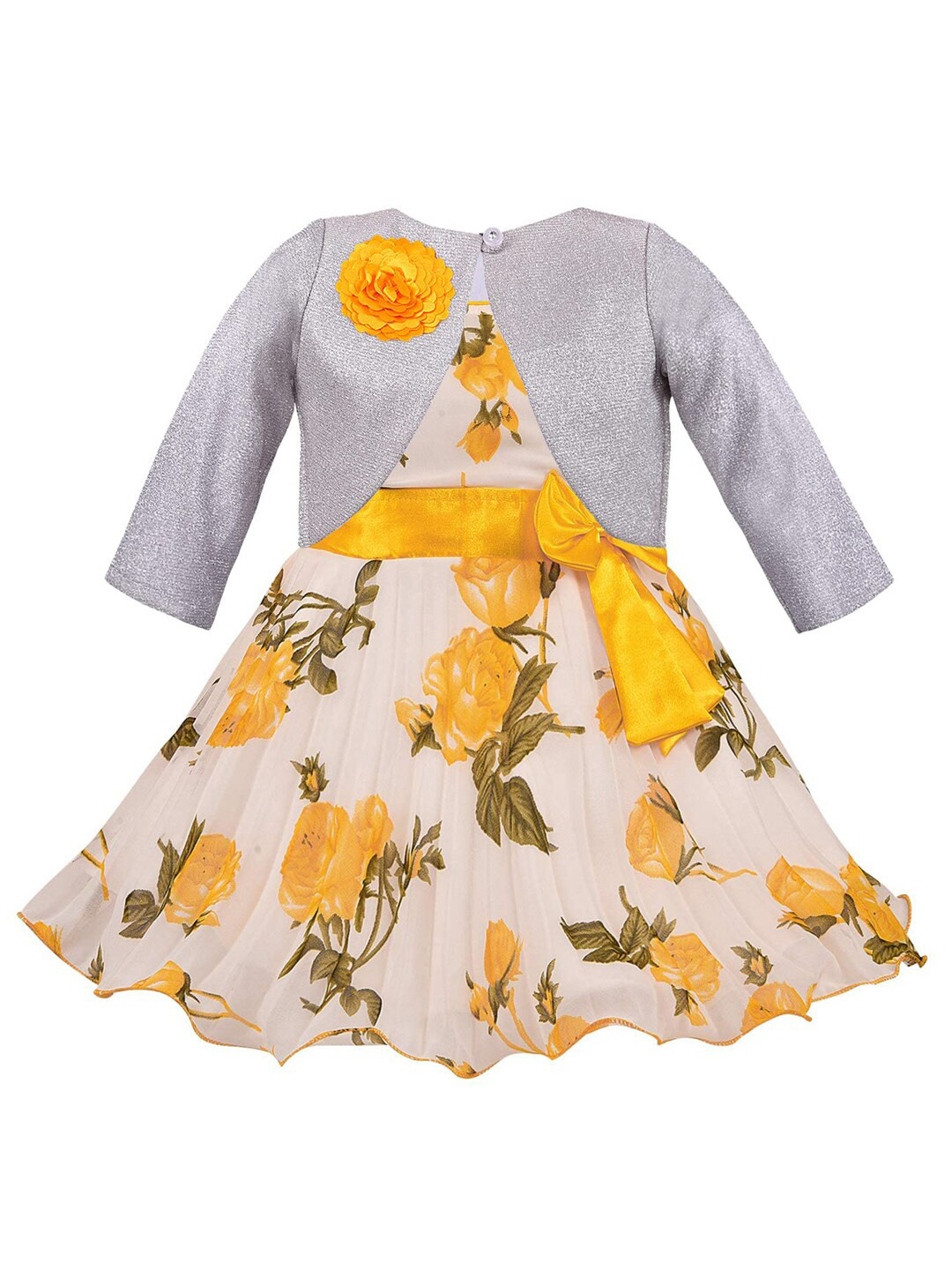 Wish Karo Girls Yellow & White Floral Georgette Dress With Jacket