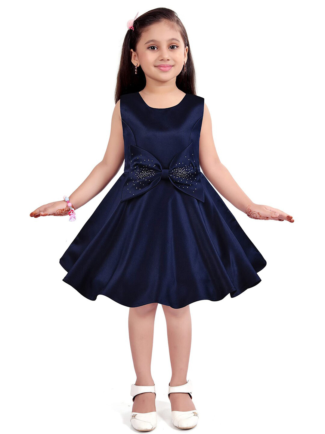Wish Karo Girls Navy Blue & Pink Satin Dress With Jacket