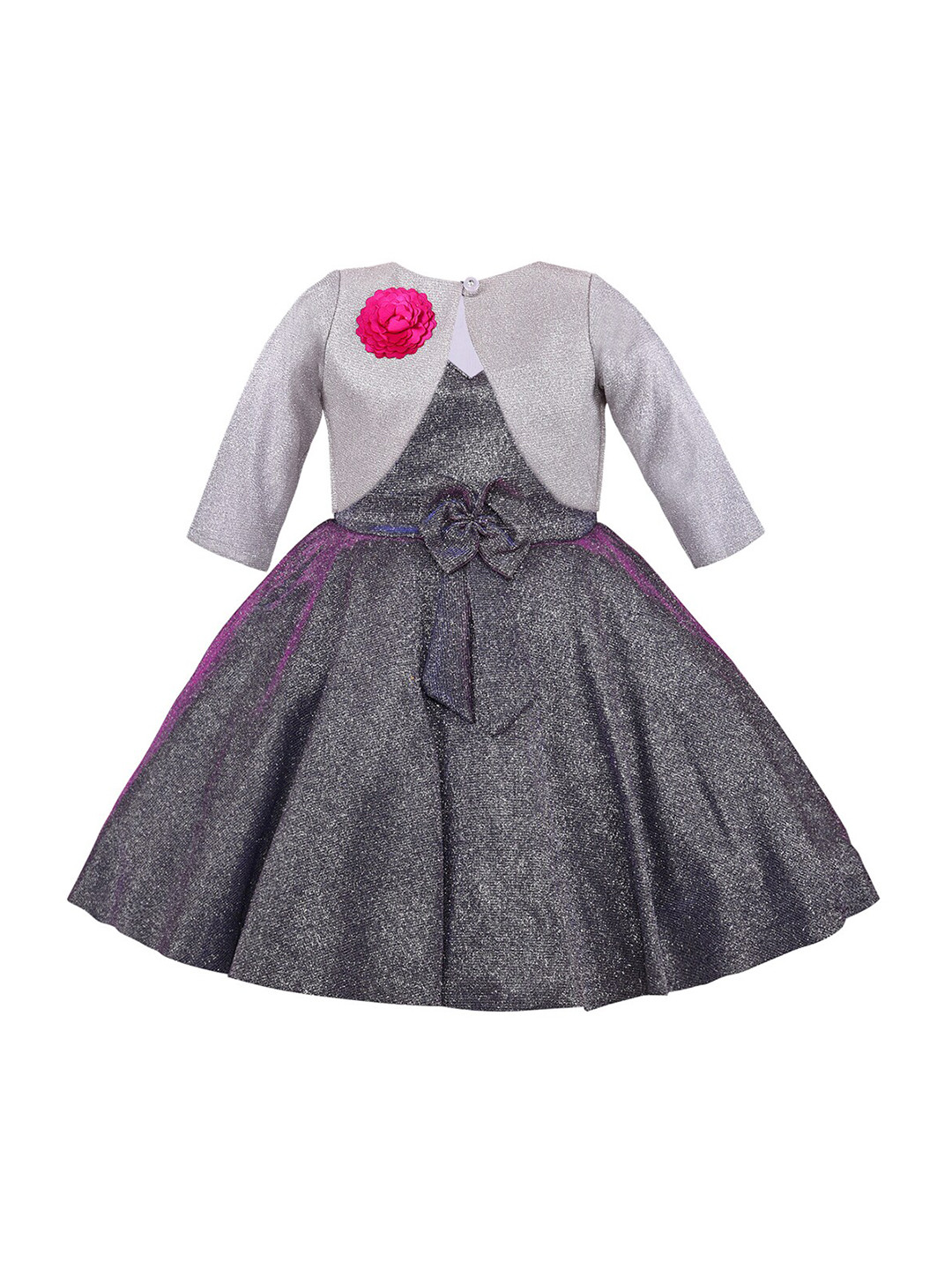 Wish Karo Girls Grey & Grey Melange Self Design Satin Dress With Jacket