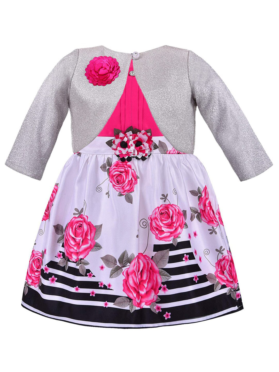 Wish Karo Girls Pink & White Floral Printed Satin Dress With Jacket